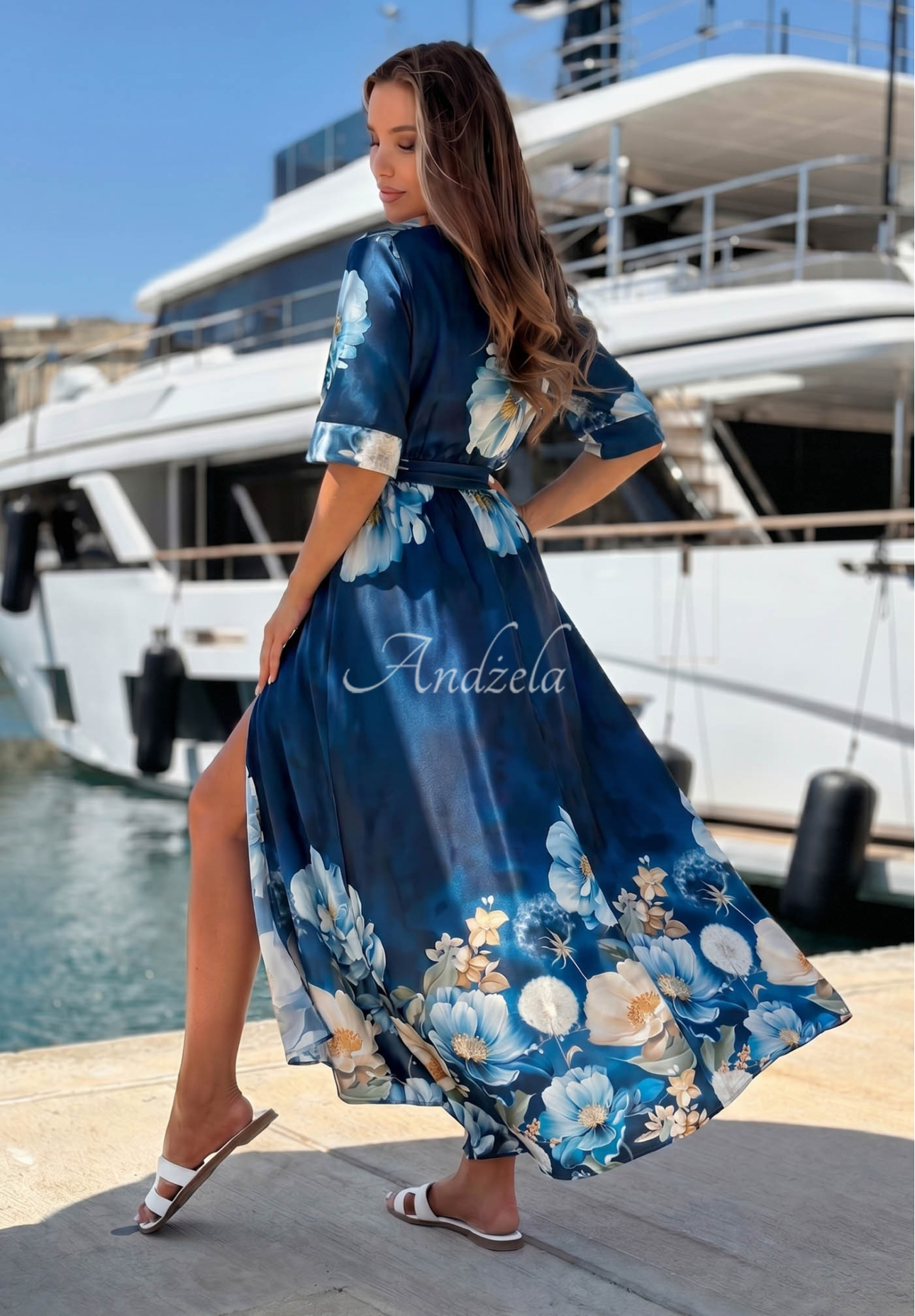 Satin-Maxikleid mit Blumenmuster Lagoon Flora Dunkelblau