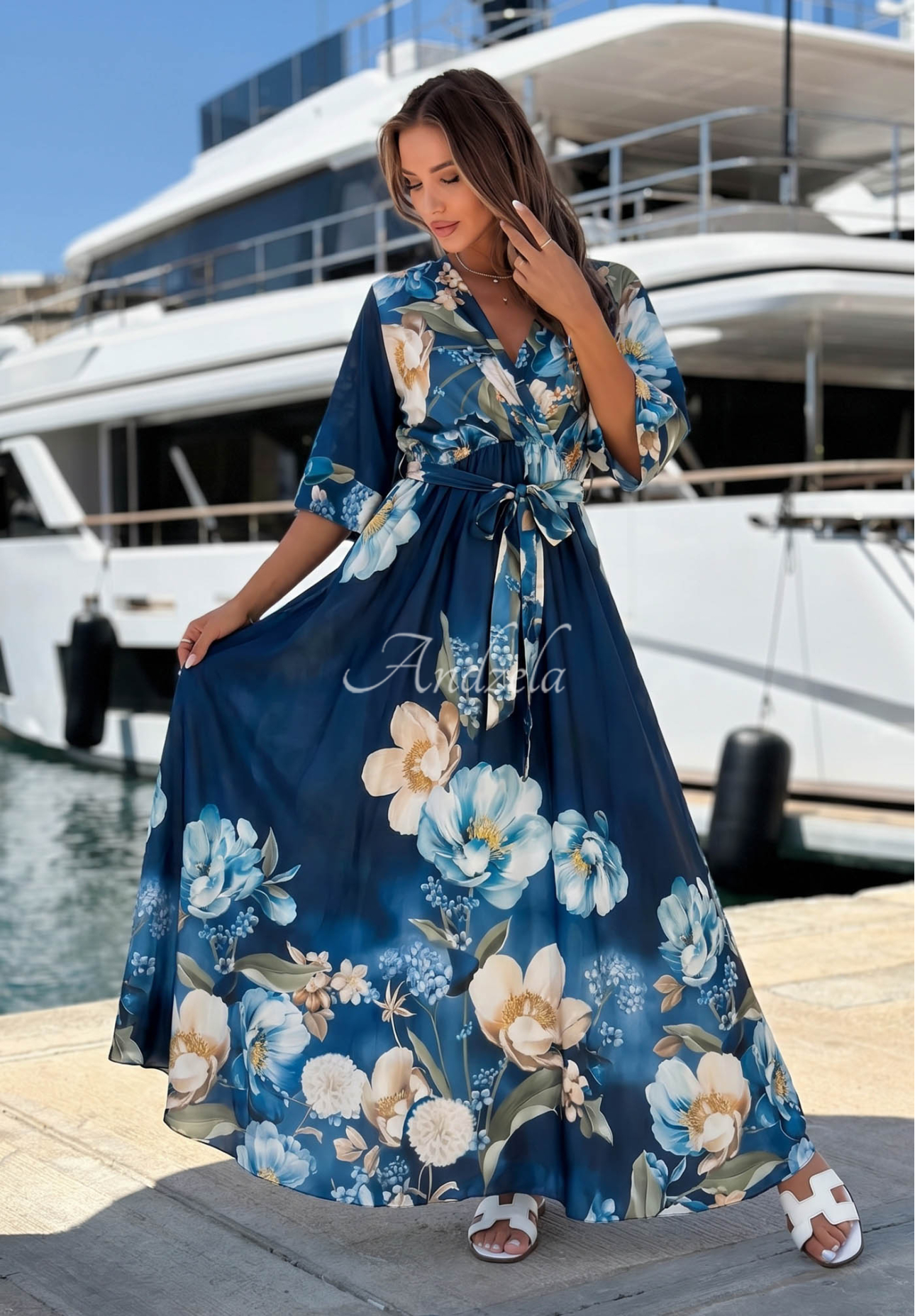 Satin-Maxikleid mit Blumenmuster Lagoon Flora Dunkelblau