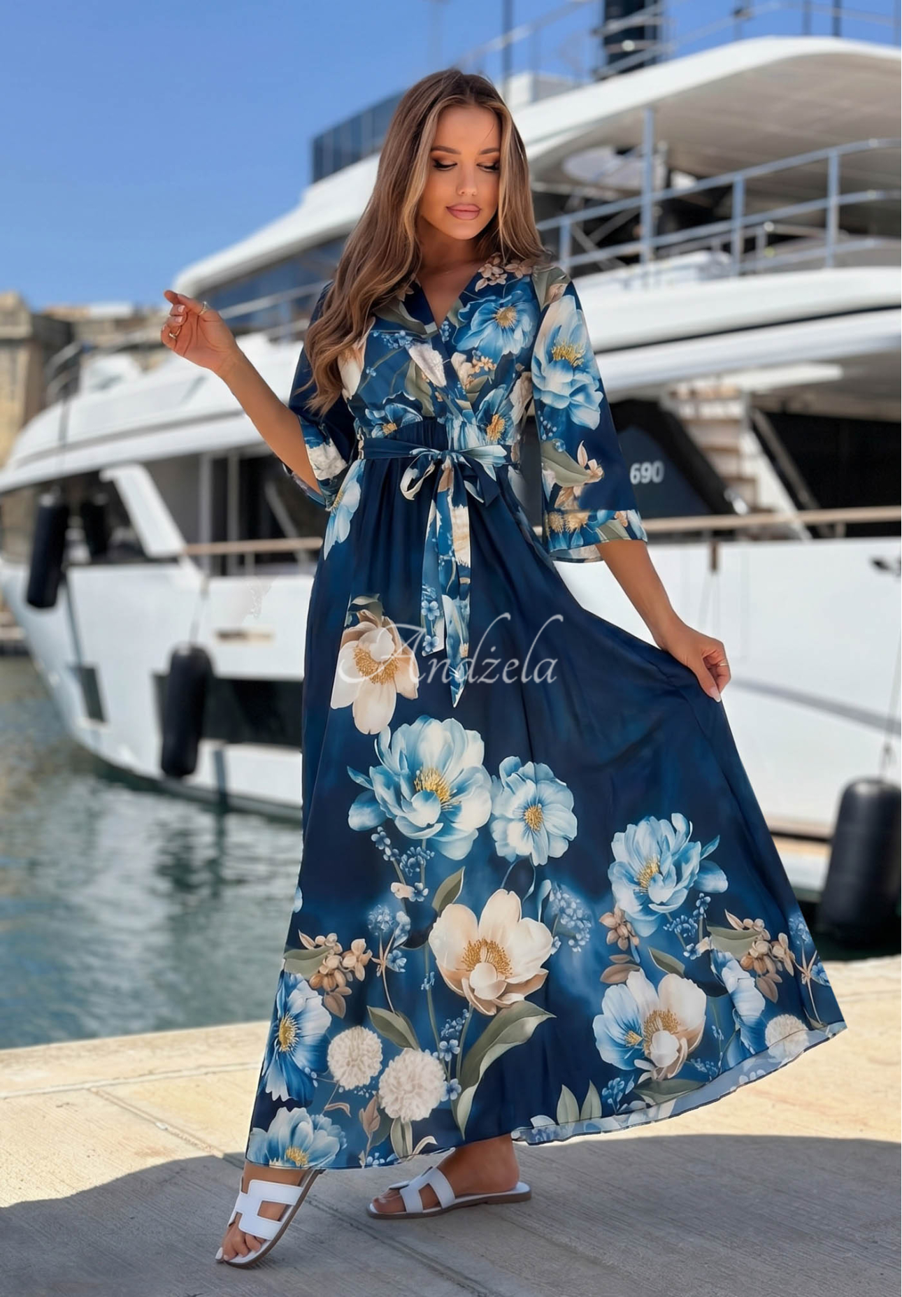 Satin-Maxikleid mit Blumenmuster Lagoon Flora Dunkelblau