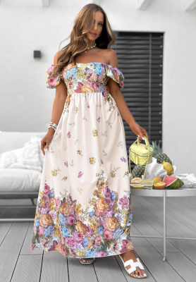 Ein gebl&uuml;mtes Maxikleid mit Puff&auml;rmeln Flori Amori Wei&szlig;