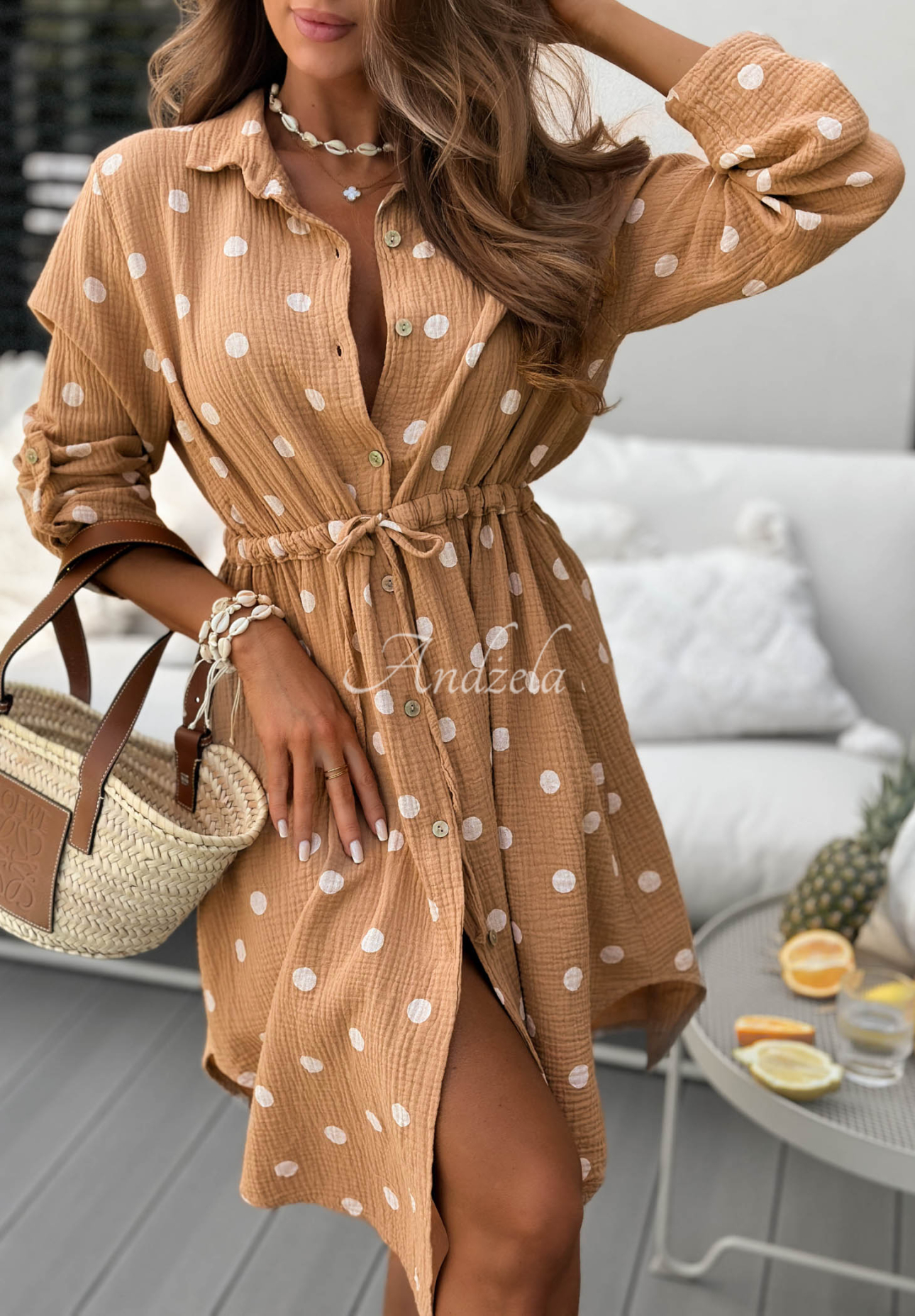 Mini-Kleid aus Musselin mit Punkten Vacation Dots Camel