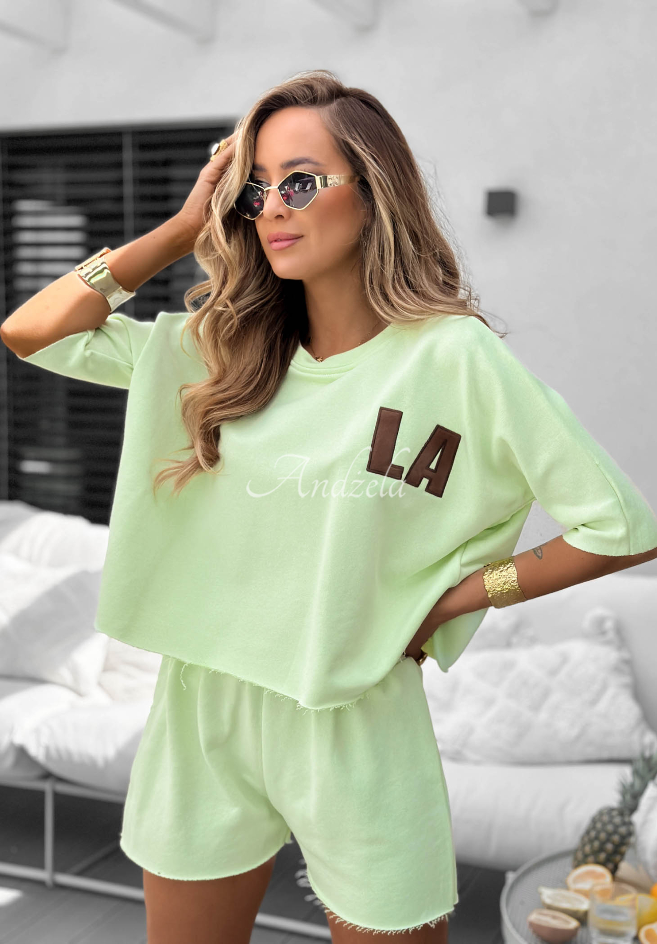 Set Baumwollbluse und -shorts Hello La Pistaziengrün
