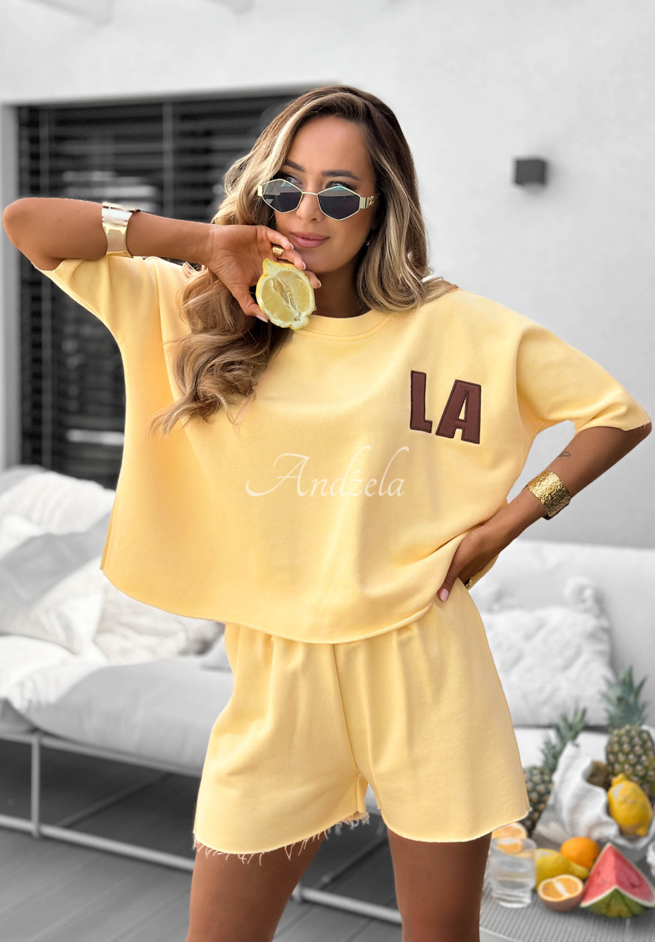 Set Baumwollbluse und -shorts Hello La Gelb