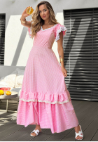 Kleid maxi z falbankami w kratę Summer Melody Rosa