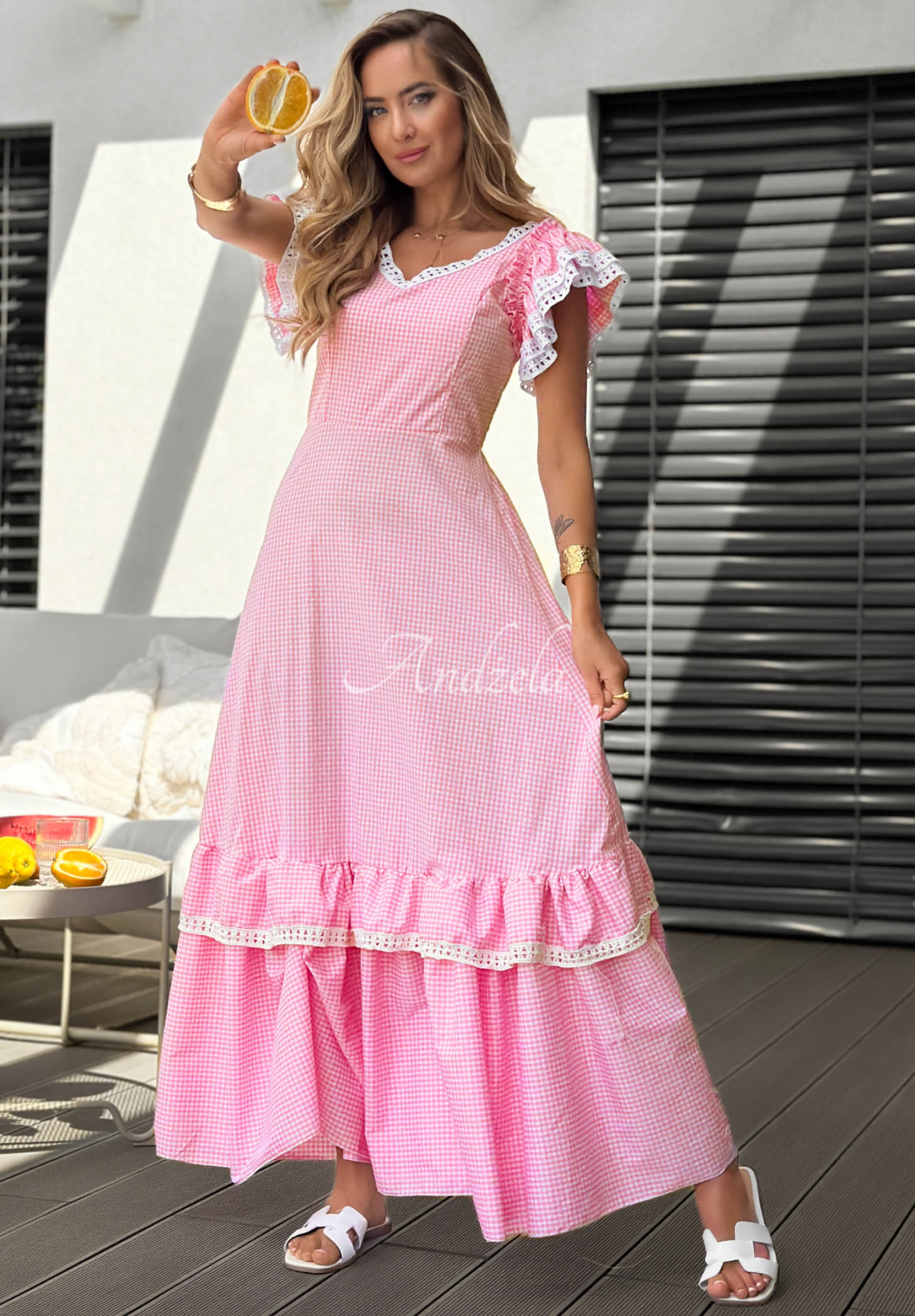 Maxikleid mit Rüschen und kariertem Muster Summer Melody Rosa