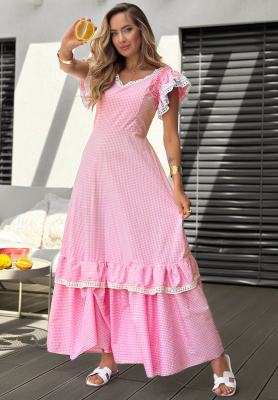 Maxikleid mit R&uuml;schen und kariertem Muster Summer Melody Rosa