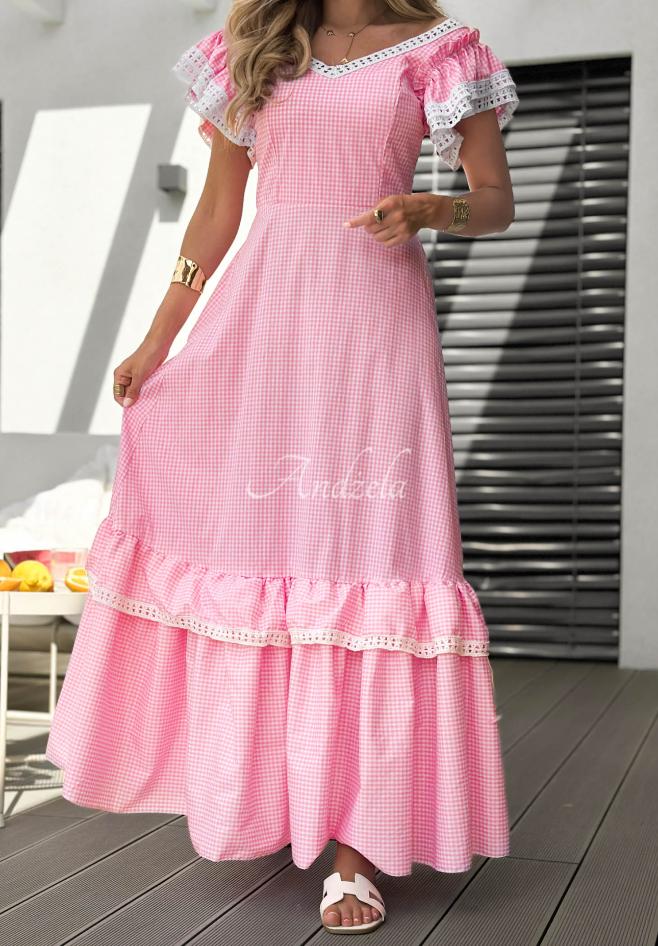 Maxikleid mit Rüschen und kariertem Muster Summer Melody Rosa