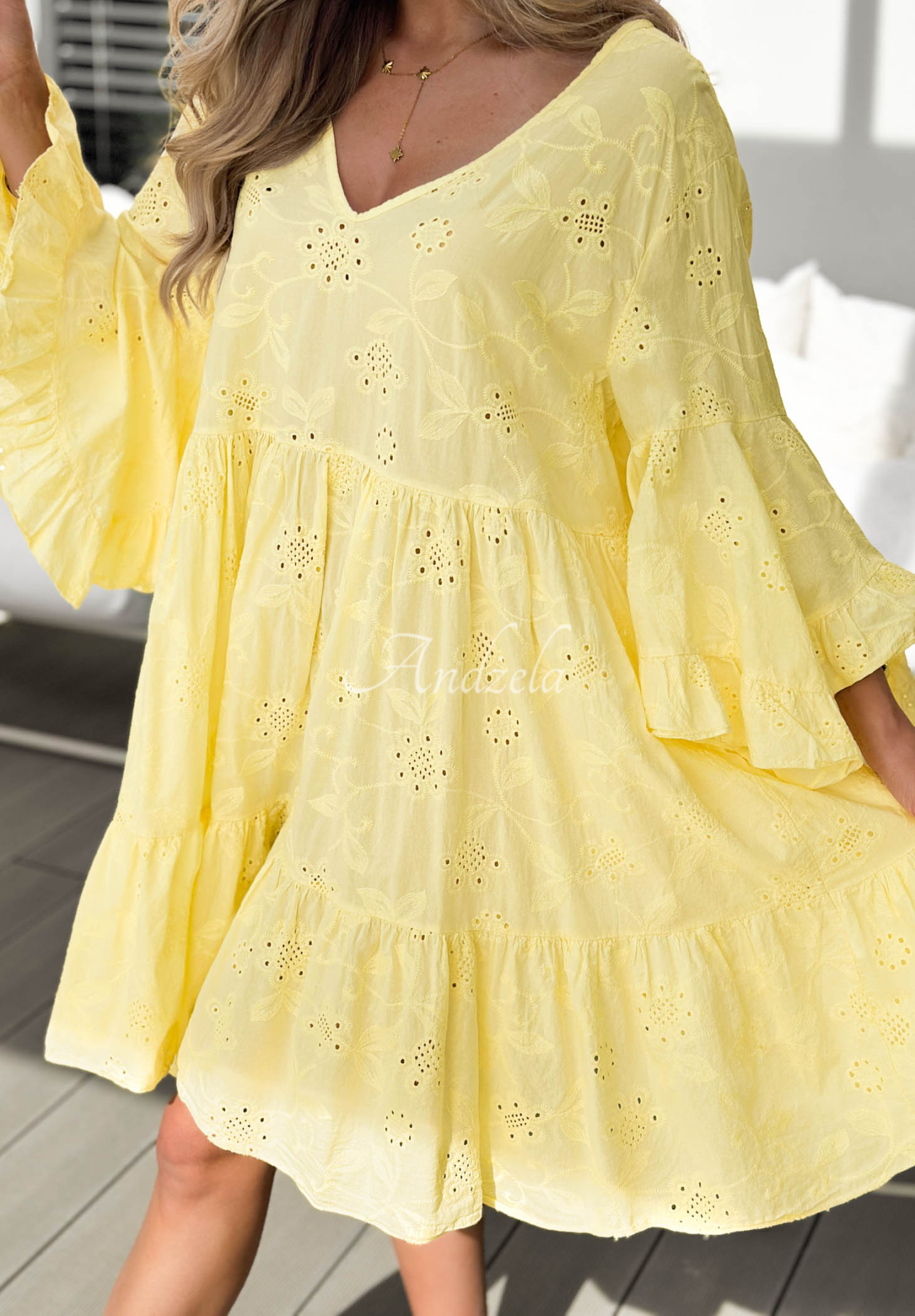 Durchbrochenes Baumwollkleid mit Rüschen Summer Sweetie Gelb