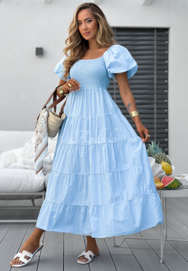 Baumwoll-Midikleid mit R&uuml;schen und Puff&auml;rmeln Ocean Breeze Himmelblau