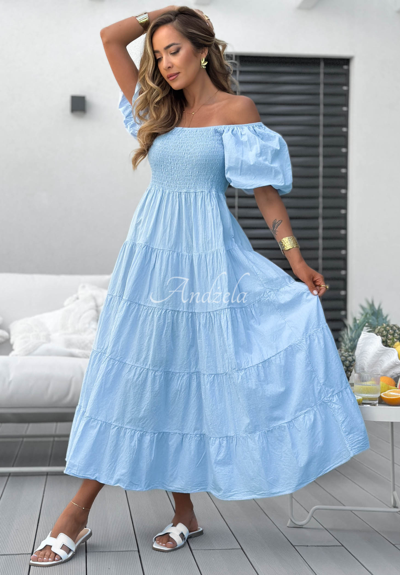 Baumwoll-Midikleid mit Rüschen und Puffärmeln Ocean Breeze Himmelblau