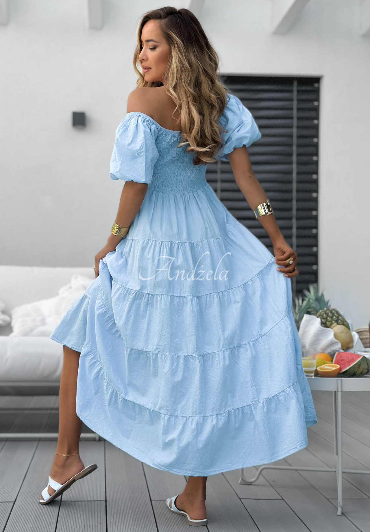 Baumwoll-Midikleid mit Rüschen und Puffärmeln Ocean Breeze Himmelblau
