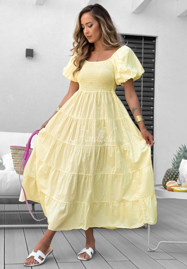 Baumwoll-Midikleid mit R&uuml;schen und Puff&auml;rmeln Ocean Breeze Gelb