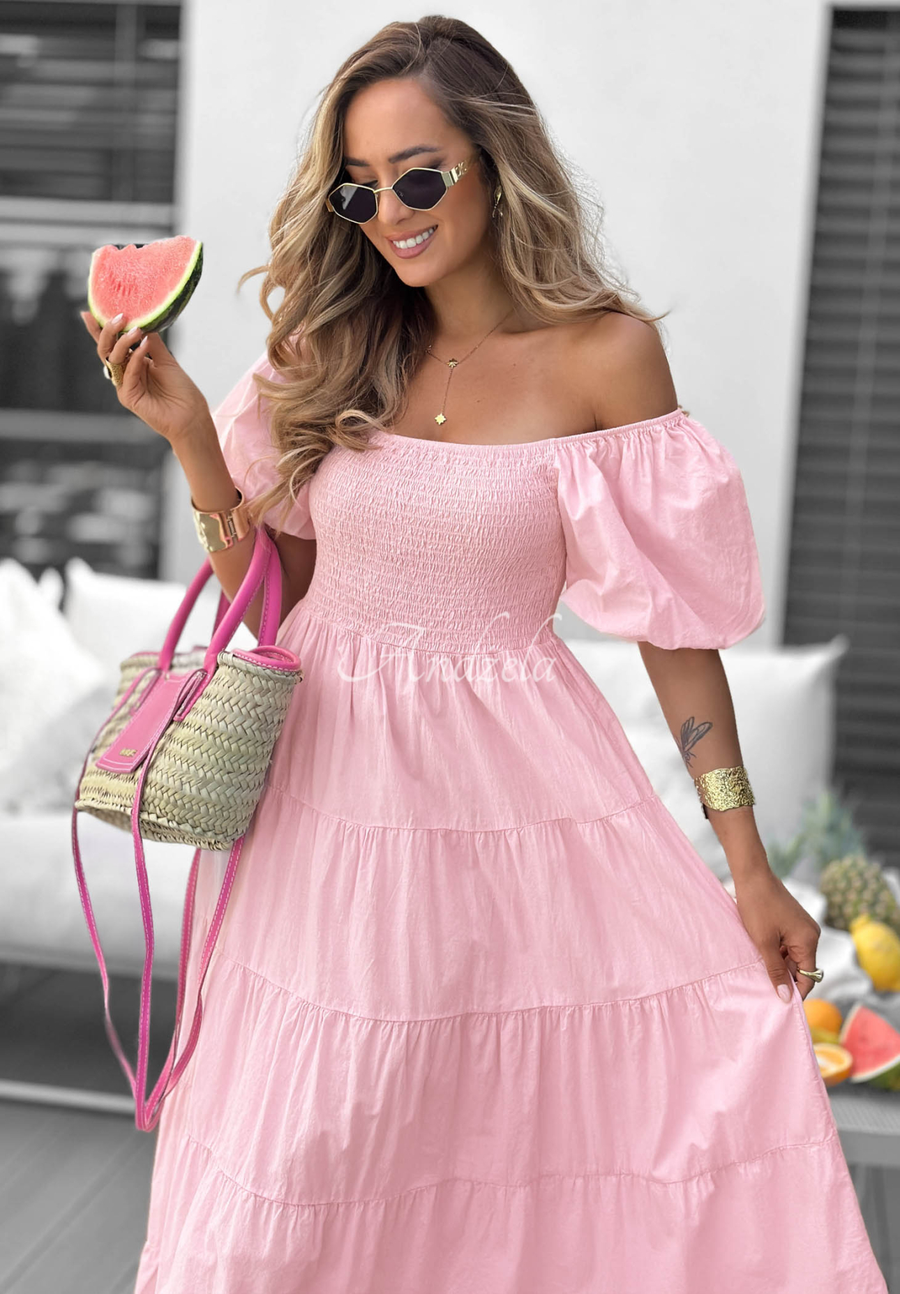 Baumwoll-Midikleid mit Rüschen und Puffärmeln Ocean Breeze Rosa