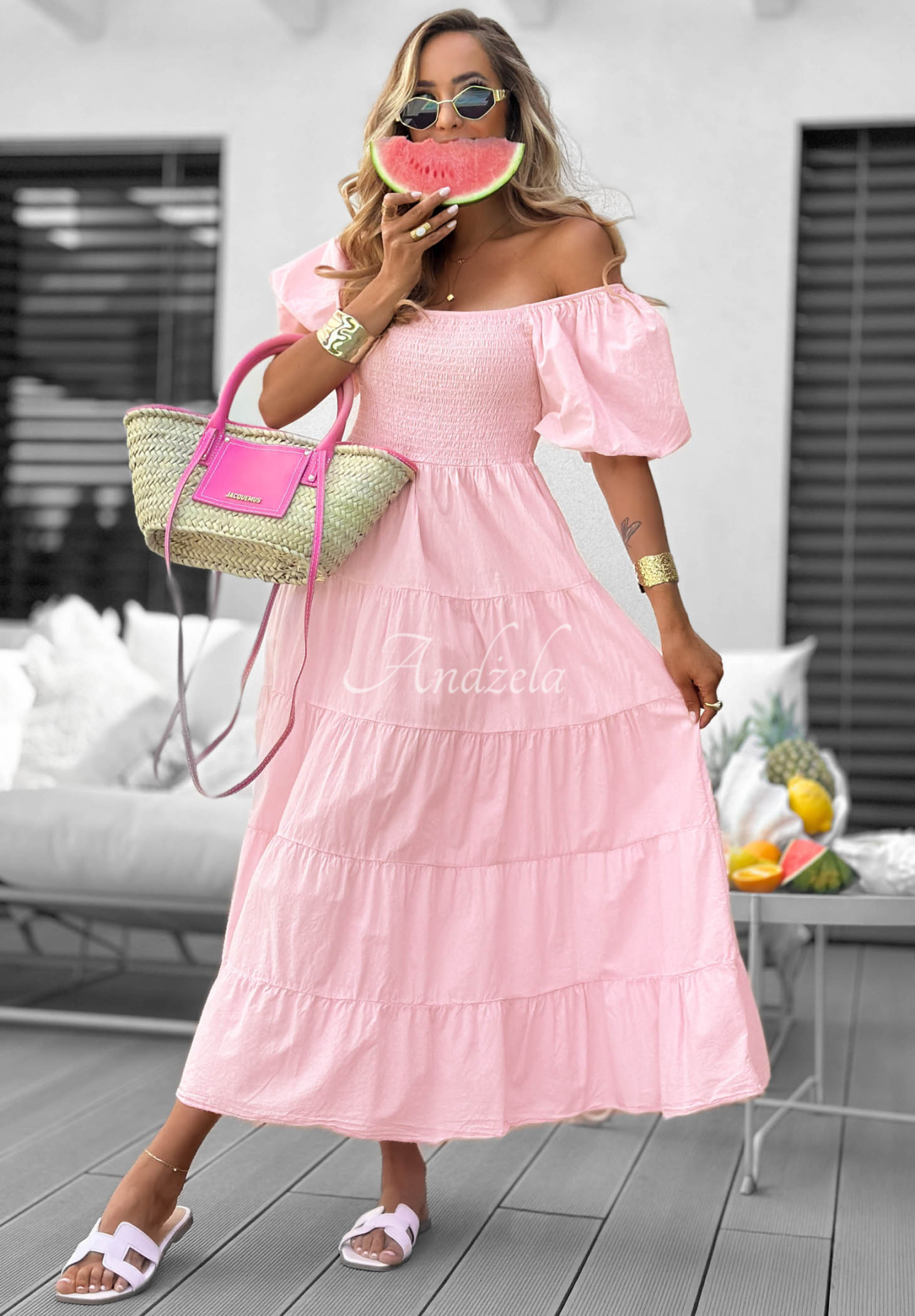Baumwoll-Midikleid mit Rüschen und Puffärmeln Ocean Breeze Rosa