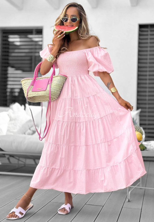 Baumwoll-Midikleid mit R&uuml;schen und Puff&auml;rmeln Ocean Breeze Rosa