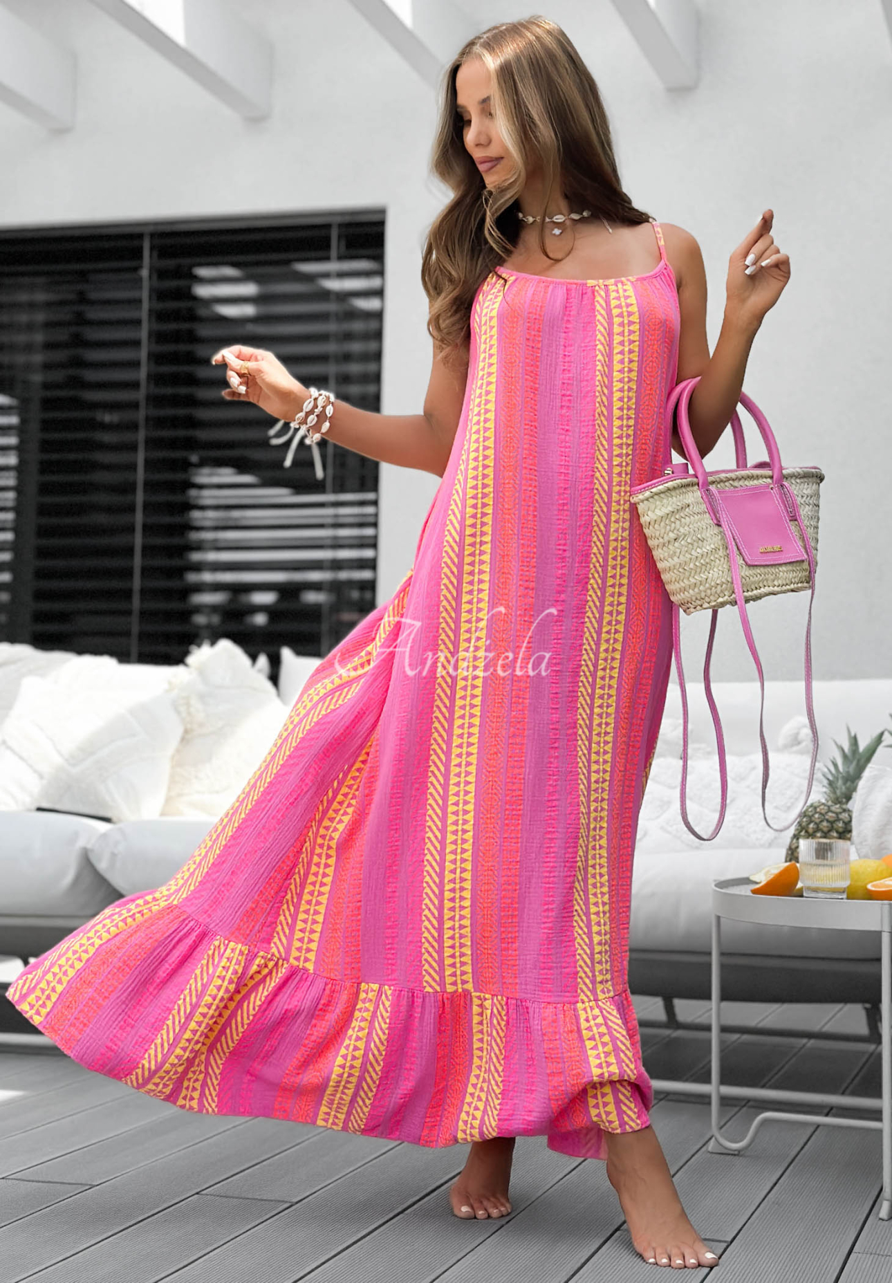 Baumwoll-Maxikleid mit Trägern und Mustern Hello Sunshine rosa-gelb