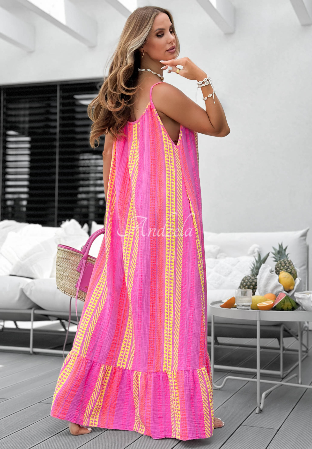 Baumwoll-Maxikleid mit Trägern und Mustern Hello Sunshine rosa-gelb