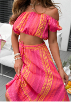 Wzorzysty Set Bluse Kleid im spanischen Stil i Rock z falbanką Sun Nectar Fuchsia