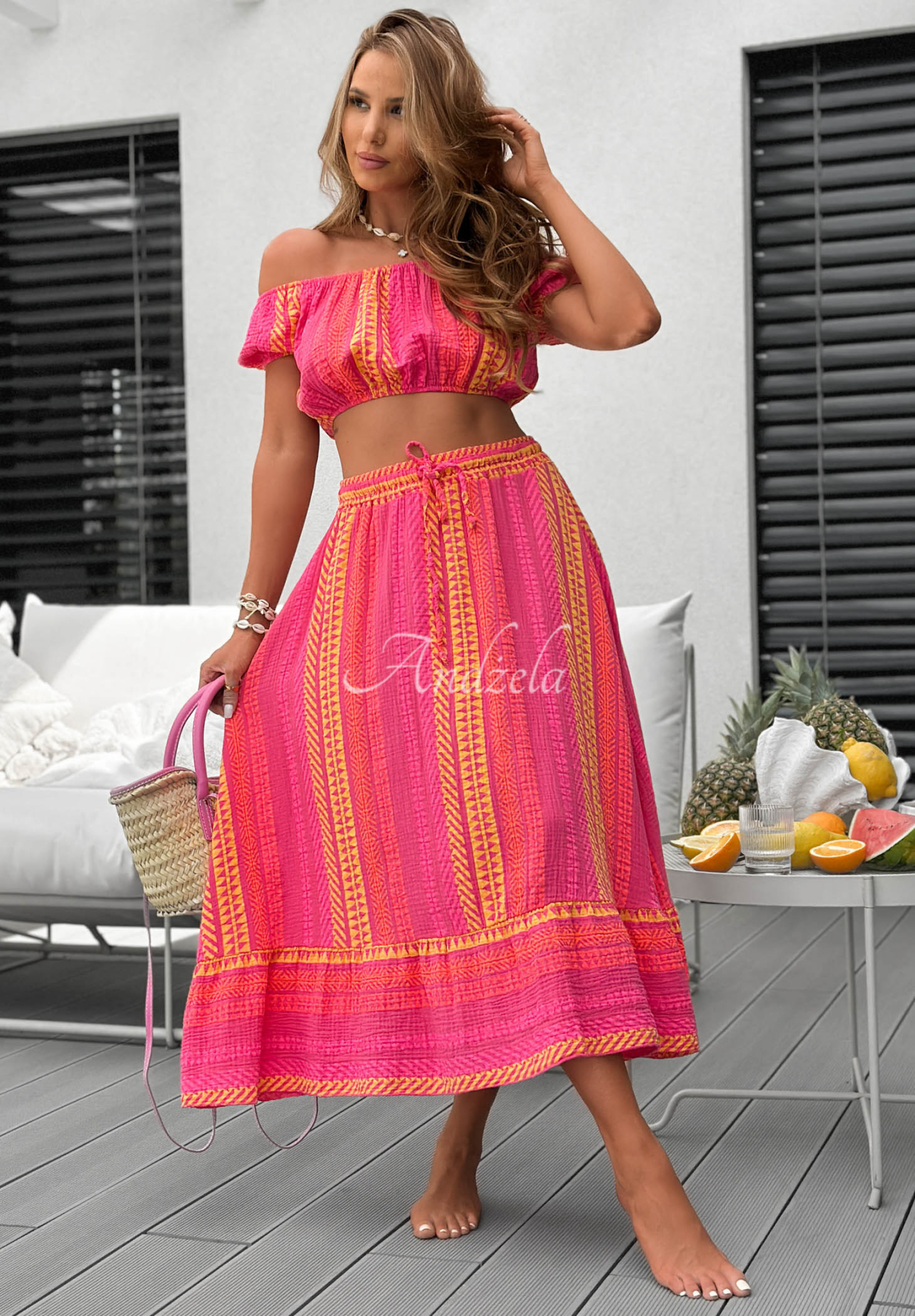 Baumwoll-Set Off-Shoulder-Bluse i gemusterter Rock mit Volants Sun Nectar Fuchsia