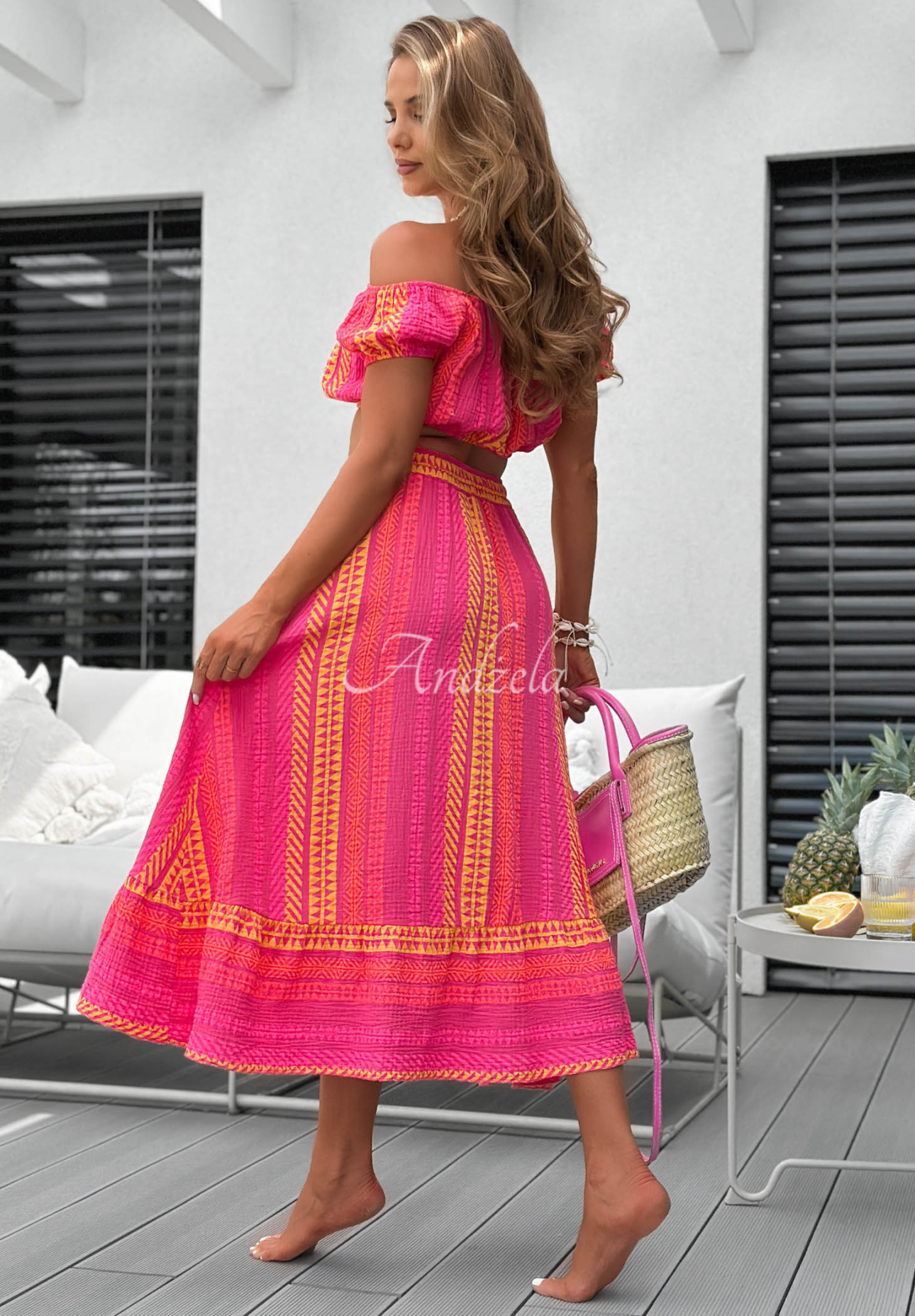 Baumwoll-Set Off-Shoulder-Bluse i gemusterter Rock mit Volants Sun Nectar Fuchsia