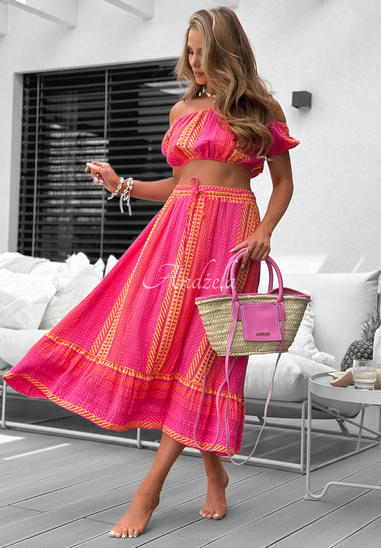 Baumwoll-Set Off-Shoulder-Bluse i gemusterter Rock mit Volants Sun Nectar Fuchsia