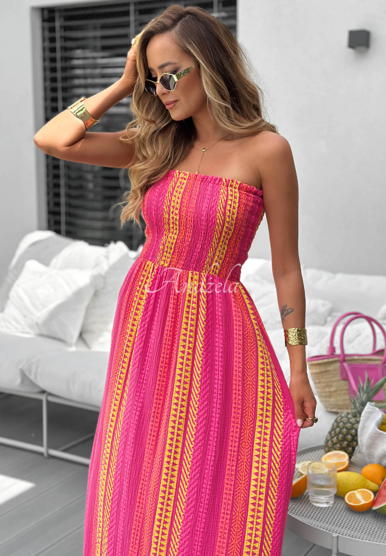 Trägerloses Maxikleid aus Baumwolle mit Mustern Sun Nectar Fuchsia