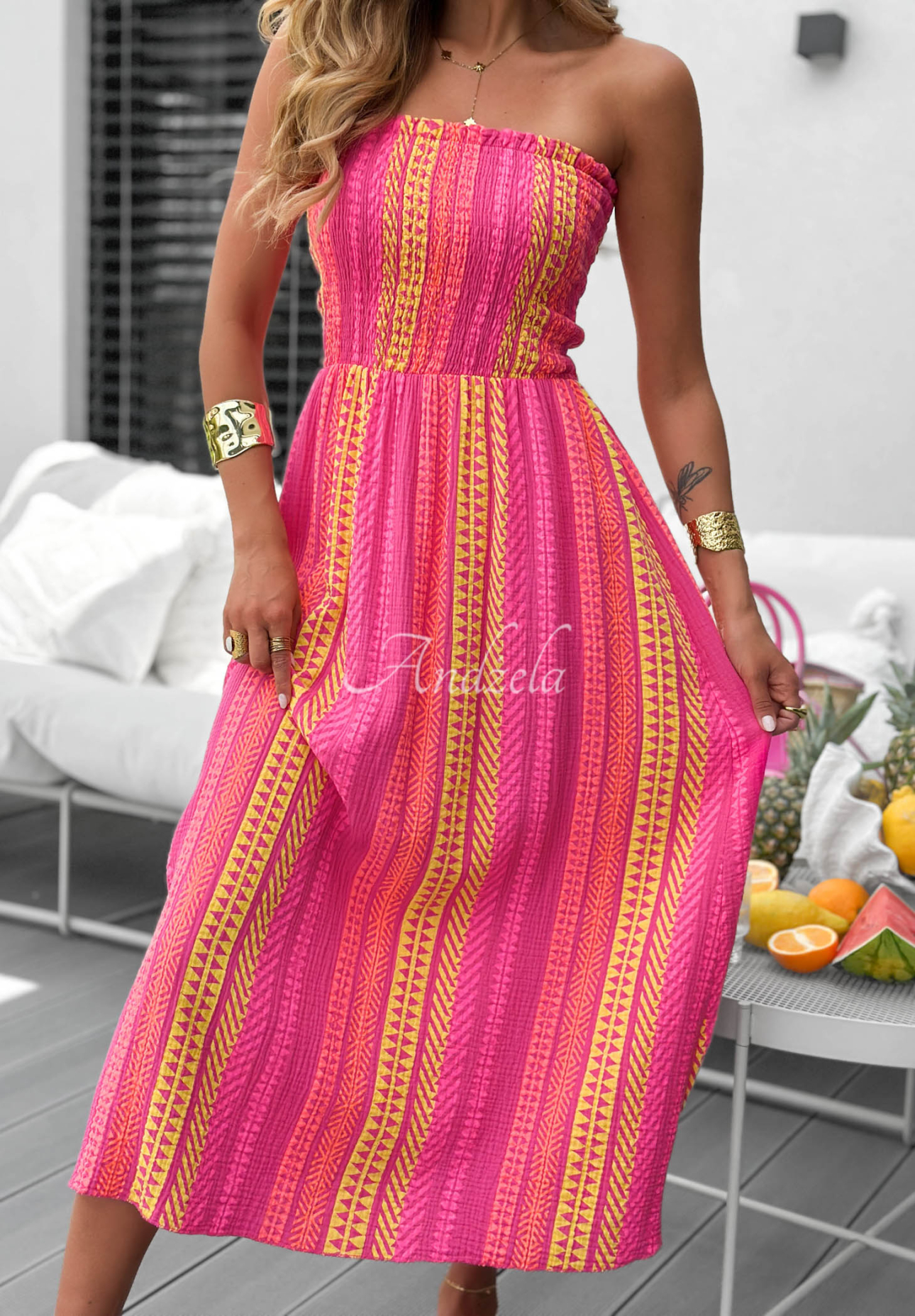 Trägerloses Midikleid aus Baumwolle mit Mustern Sun Nectar Fuchsia