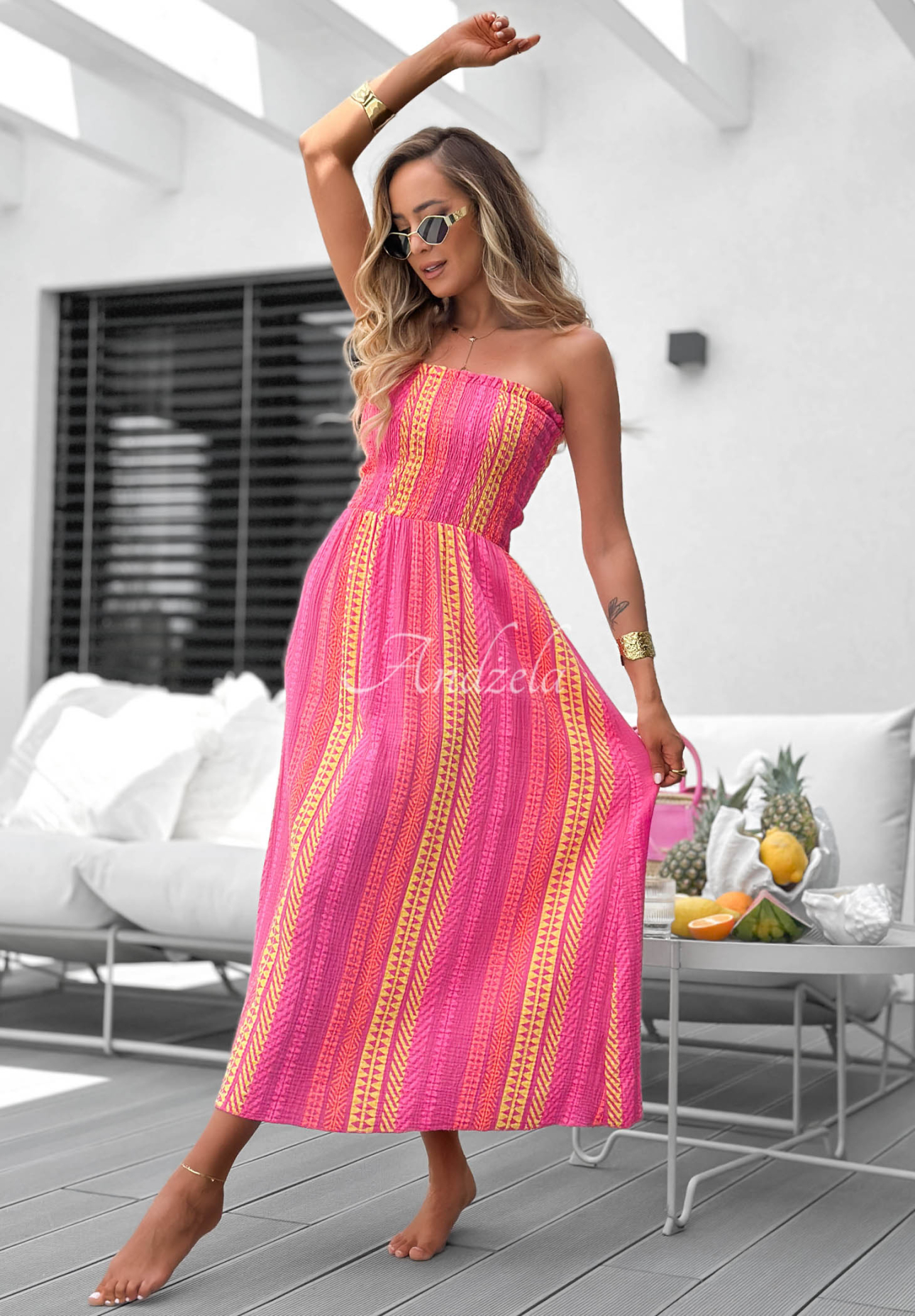 Trägerloses Maxikleid aus Baumwolle mit Mustern Sun Nectar Fuchsia