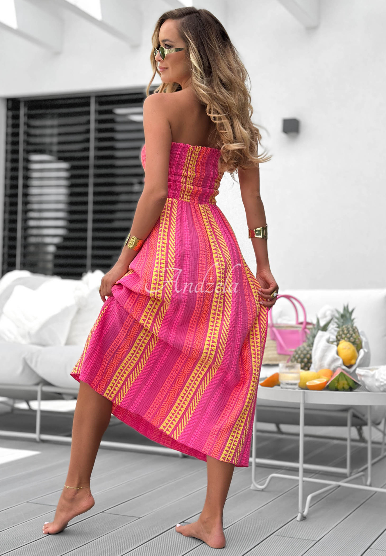 Trägerloses Maxikleid aus Baumwolle mit Mustern Sun Nectar Fuchsia