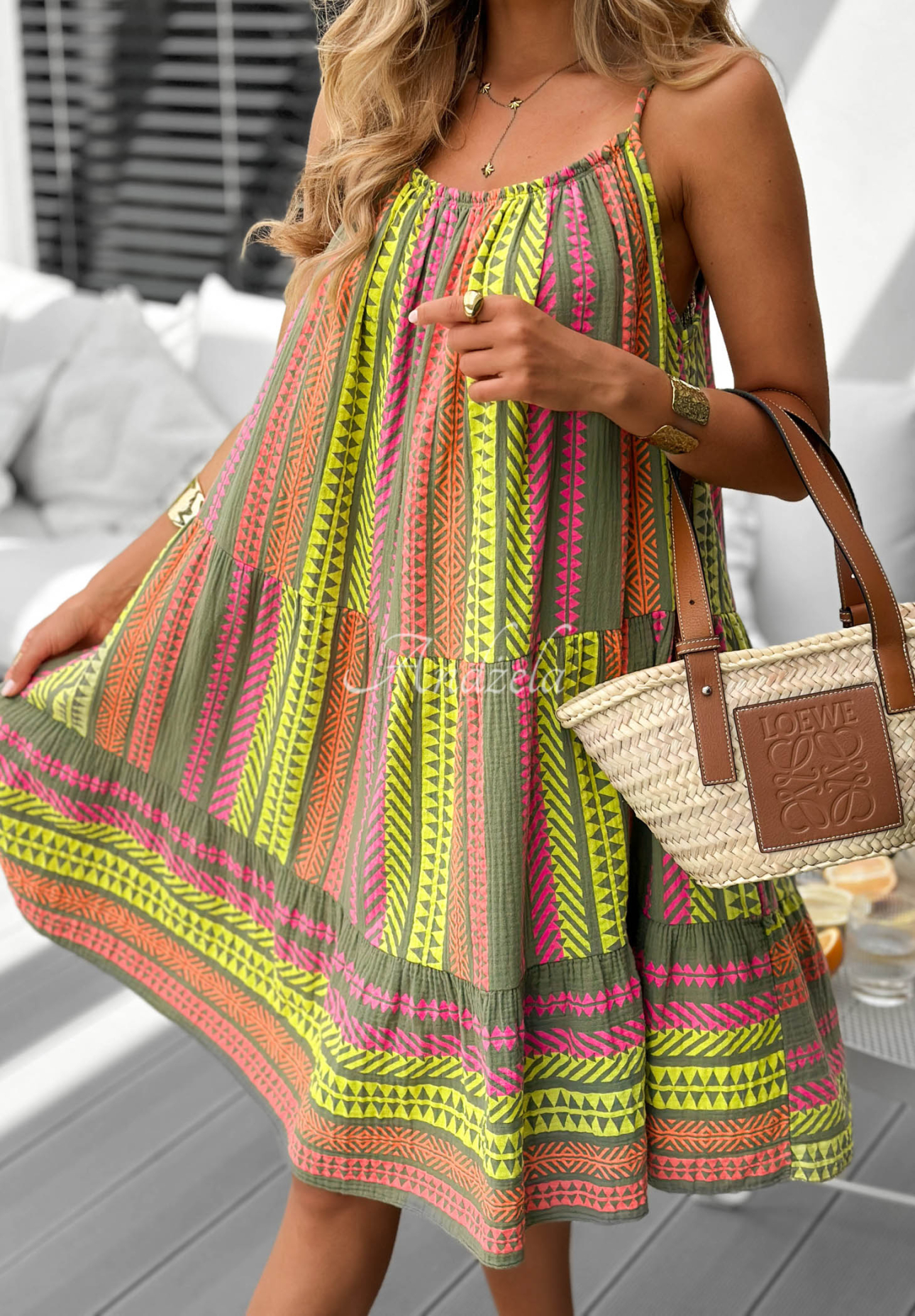 Gemustertes Baumwollkleid mit Trägern Sunny Coast Khaki