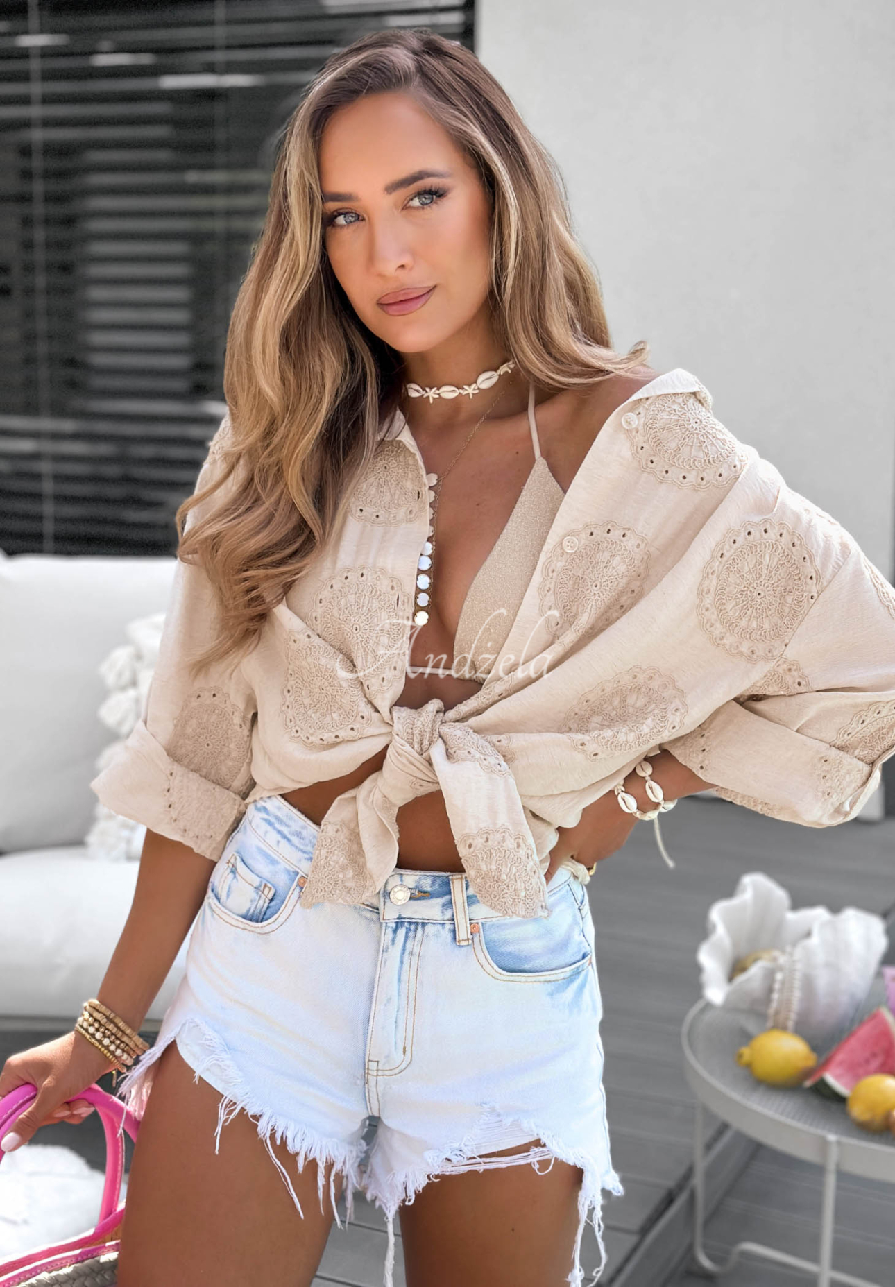 Besticktes Boho-Baumwollhemd Ti Amo Beige
