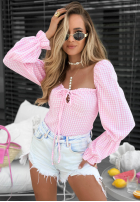 Krótka Bluse z bufkami w kratę Pretty Senorita Himmelblau