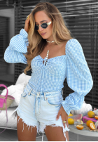 Krótka Bluse z bufkami w kratę Pretty Senorita Himmelblau