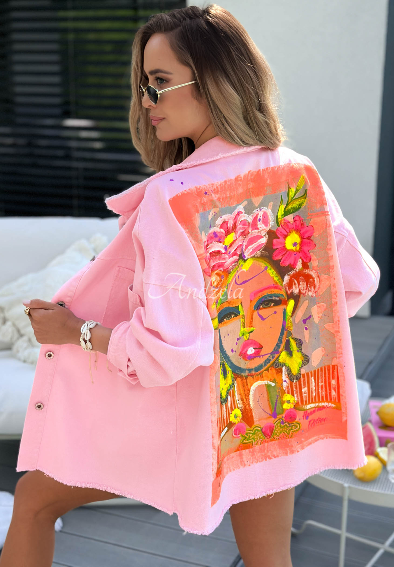 Jeansjacke mit Aufdruck Neon Lady Puderrosa