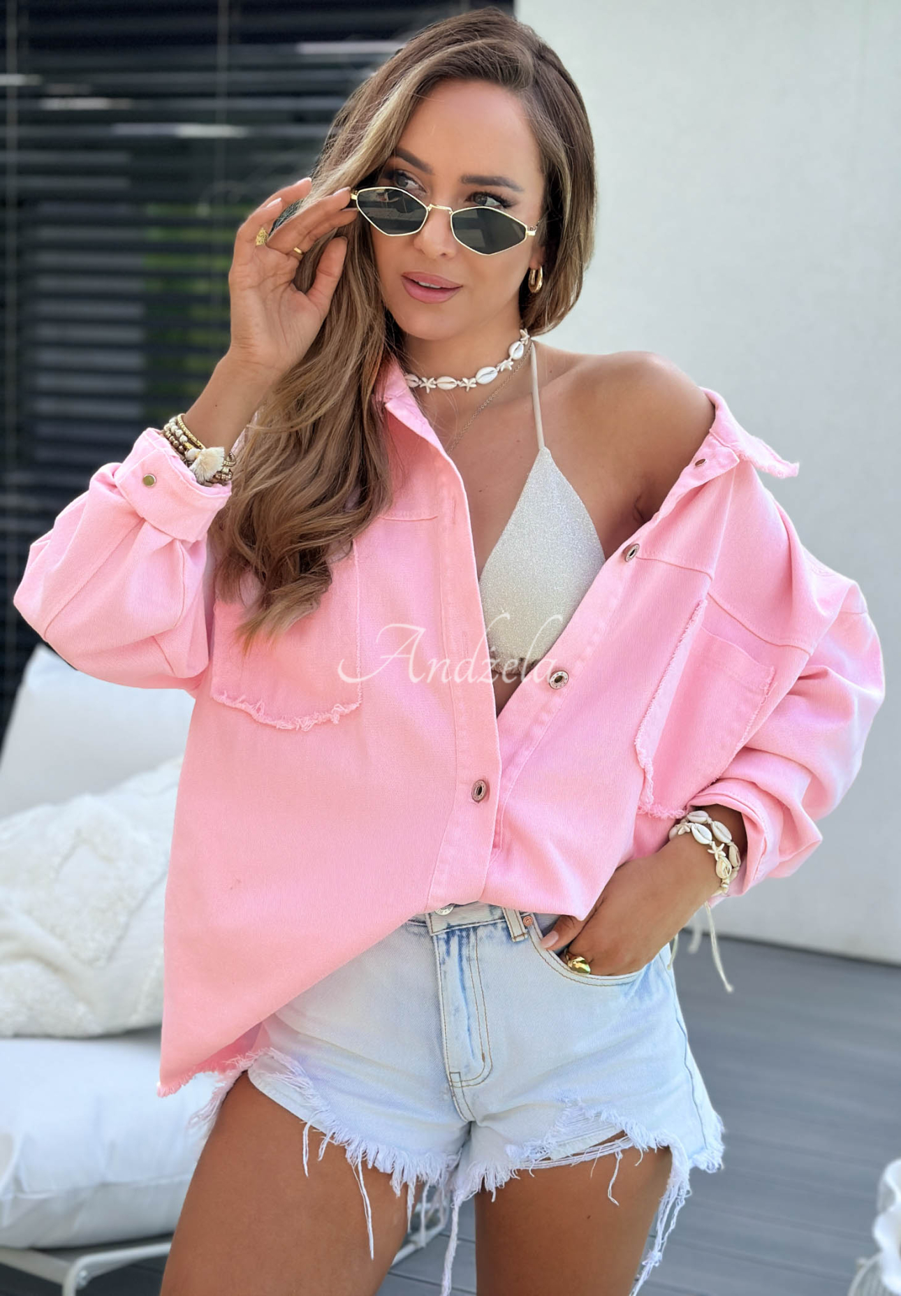Jeansjacke mit Aufdruck Neon Lady Puderrosa