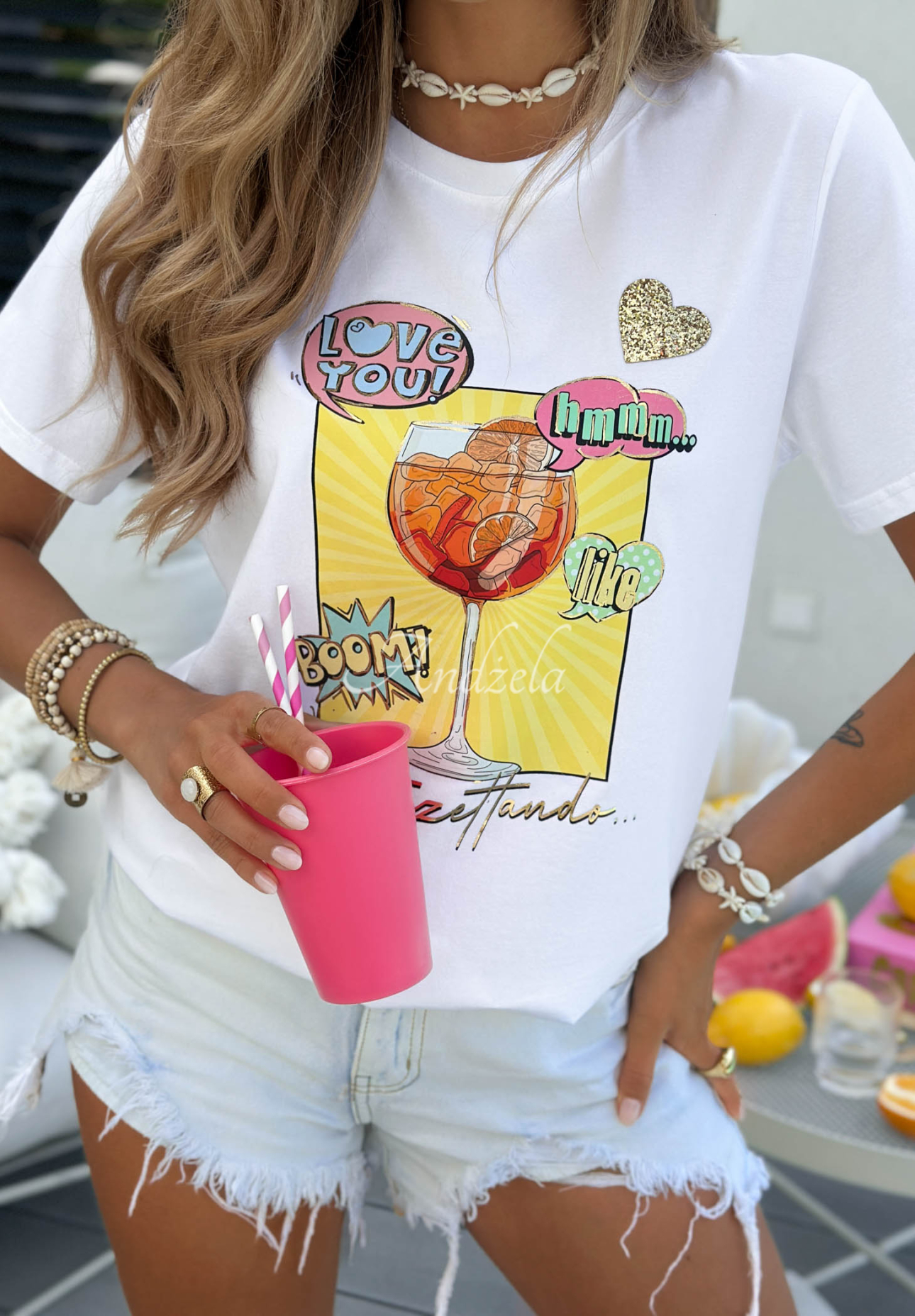 Baumwoll-T-Shirt mit Aufdruck Orange Aperol weiß-gelb