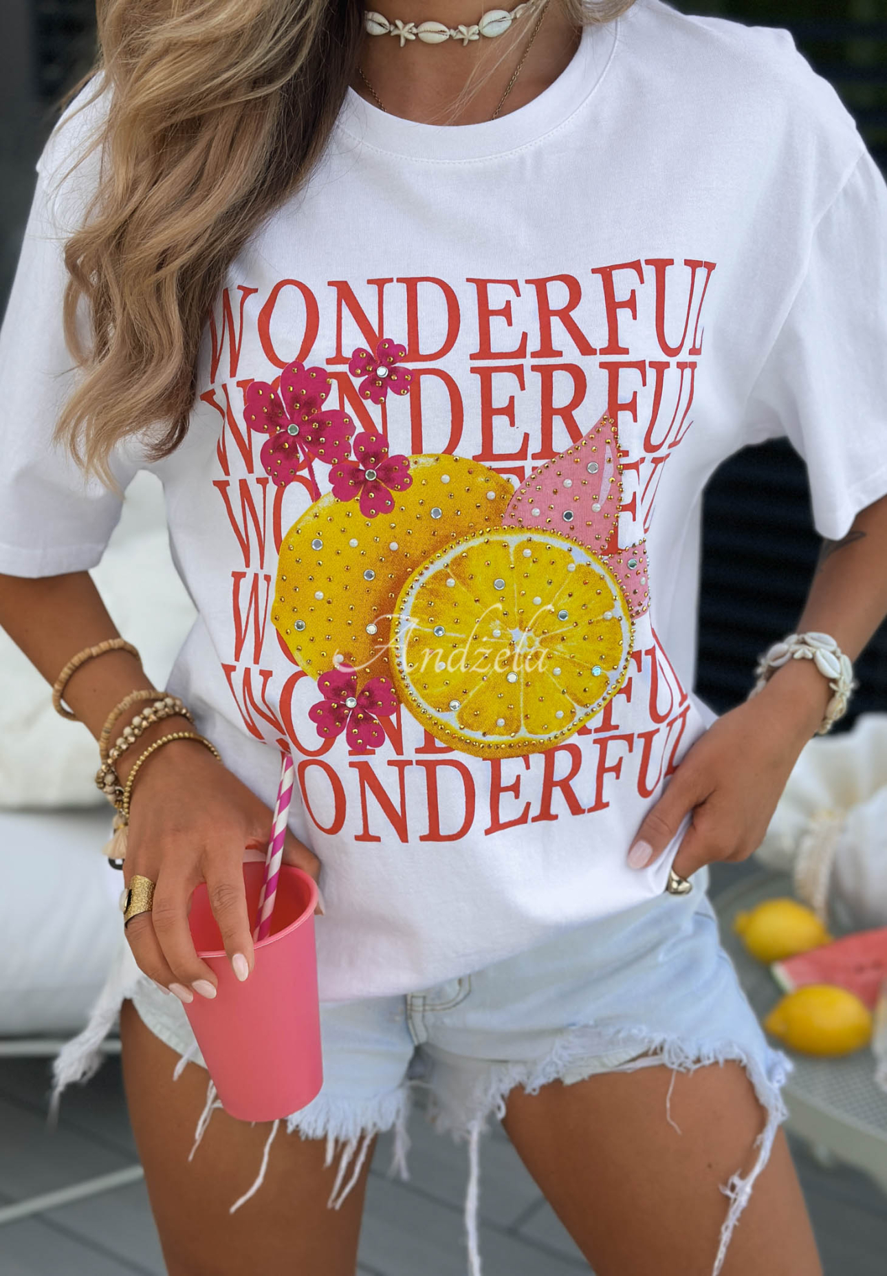 Baumwoll-T-Shirt mit Aufdruck Wonderful Lemon Weiß