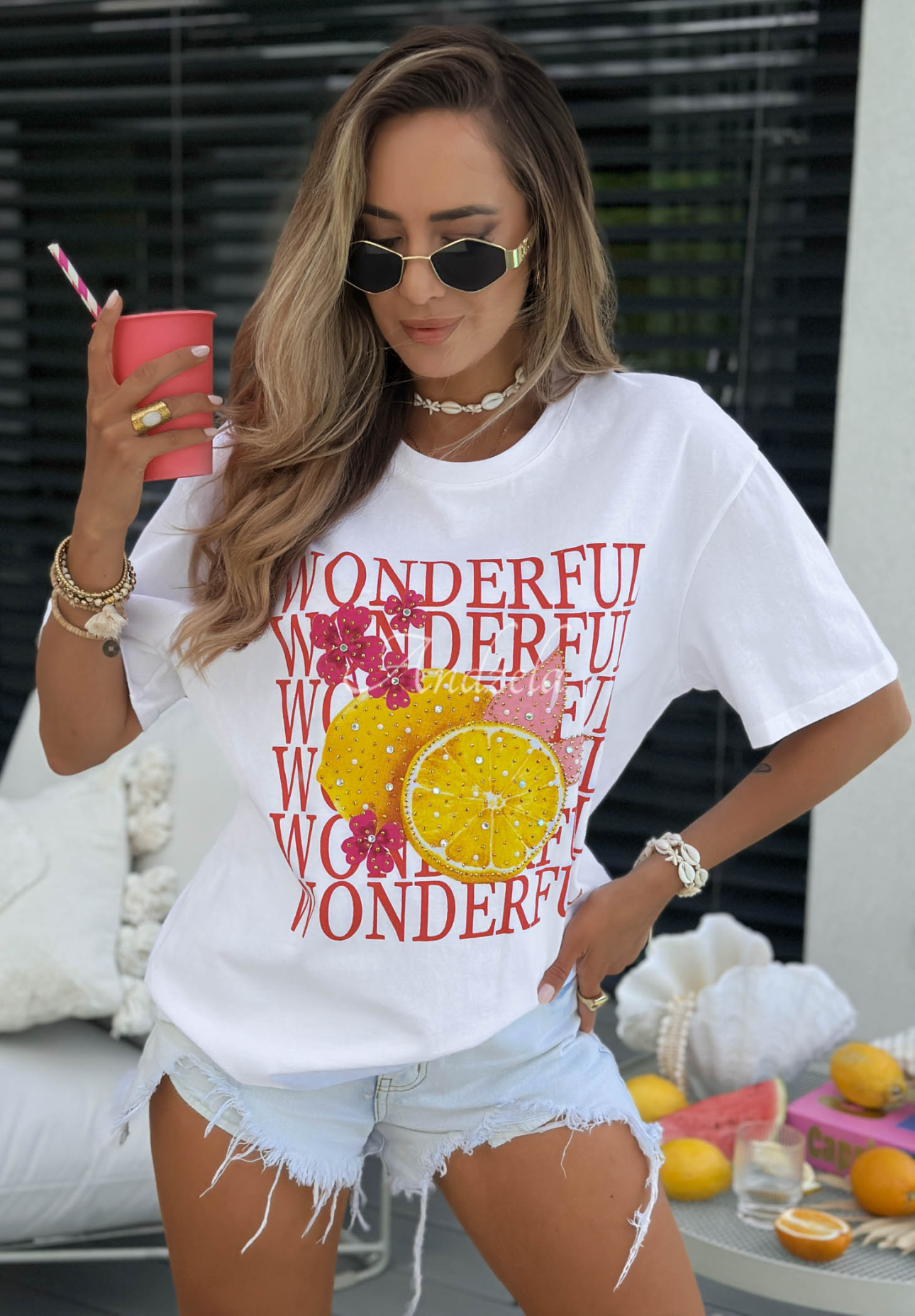 Baumwoll-T-Shirt mit Aufdruck Wonderful Lemon Weiß