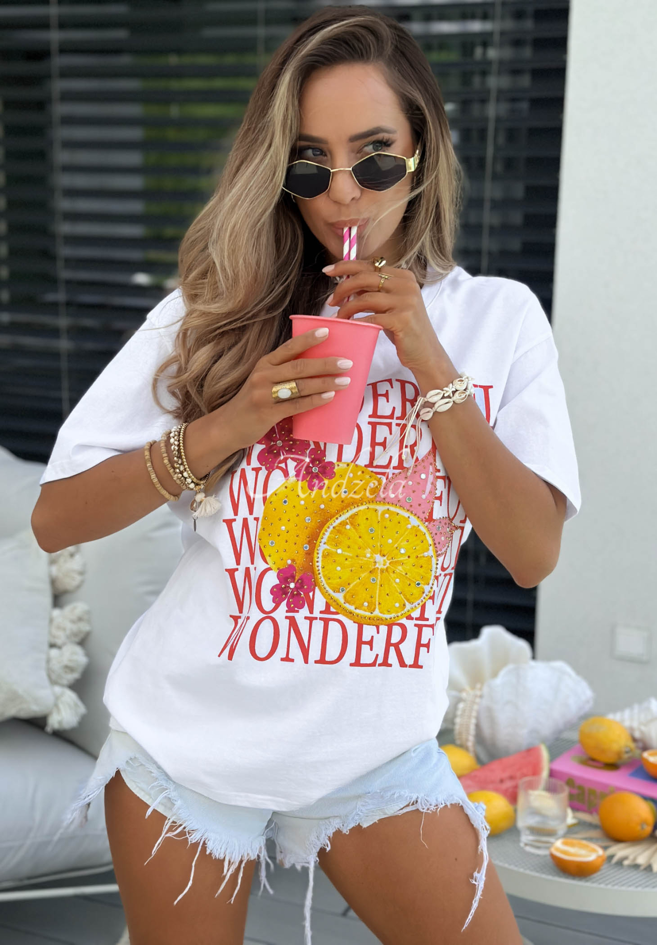 Baumwoll-T-Shirt mit Aufdruck Wonderful Lemon Weiß