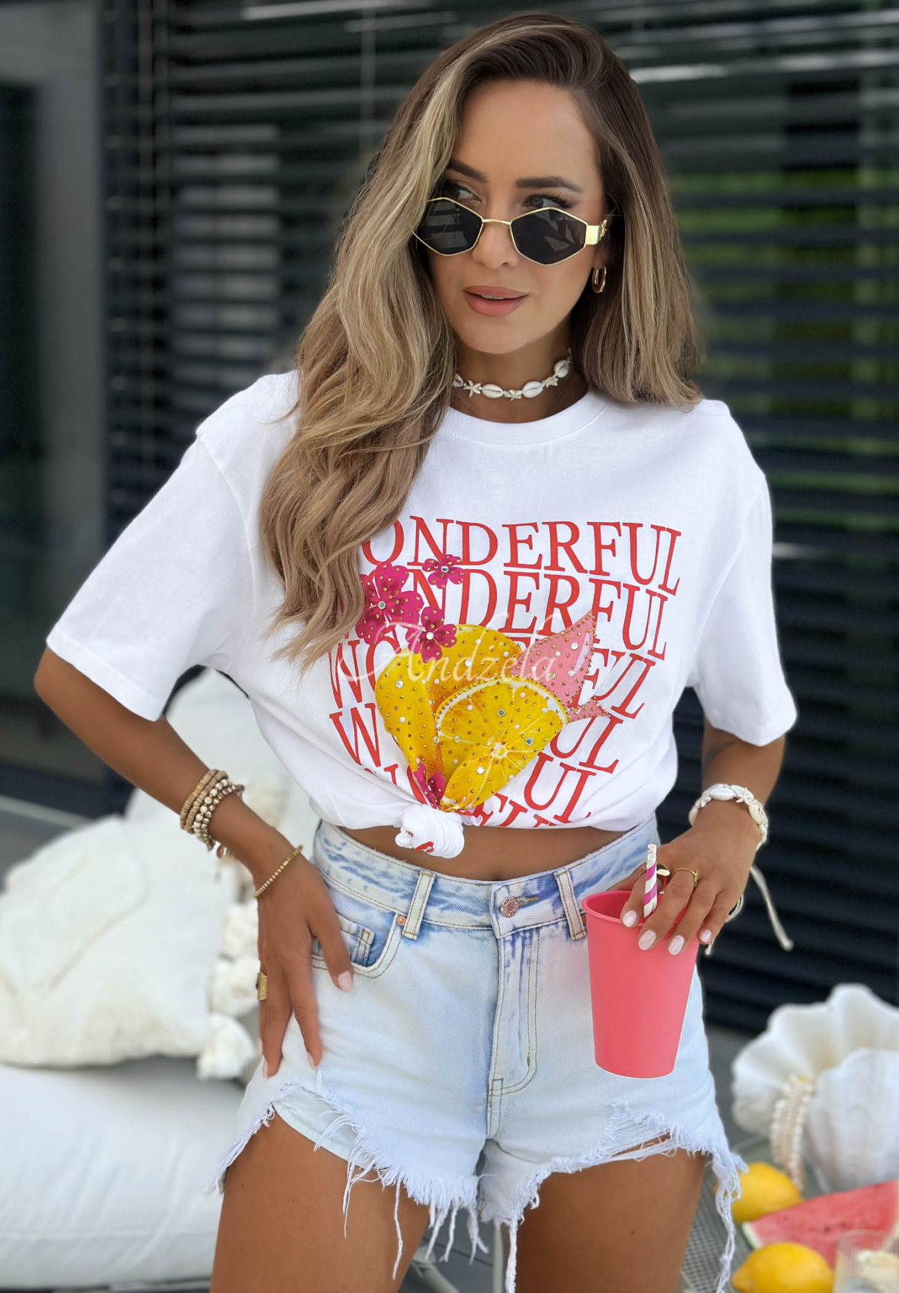 Baumwoll-T-Shirt mit Aufdruck Wonderful Lemon Weiß