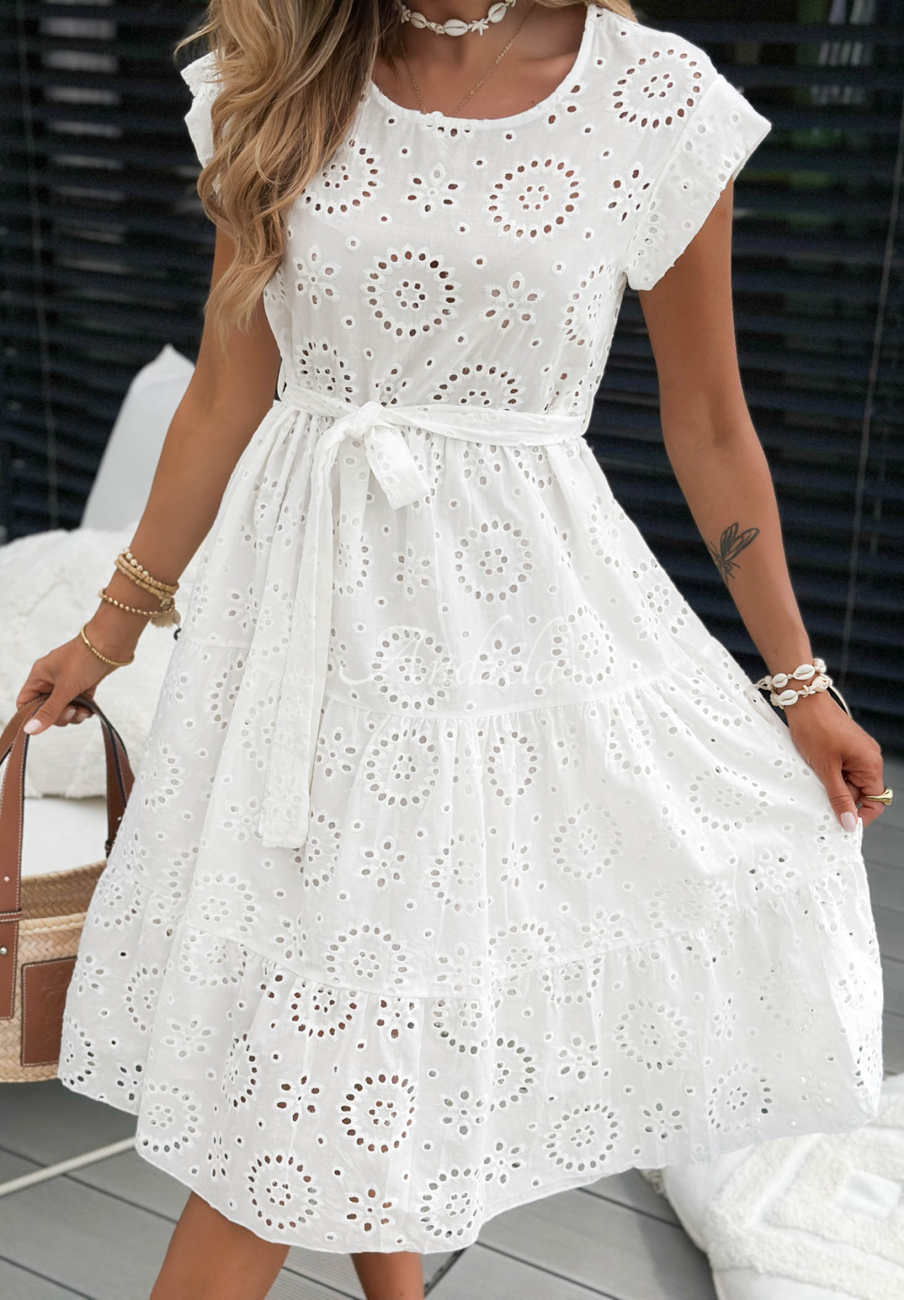 Midikleid aus durchbrochenem Baumwollgewebe mit Boho-Rüschen Palm Sky Weiß