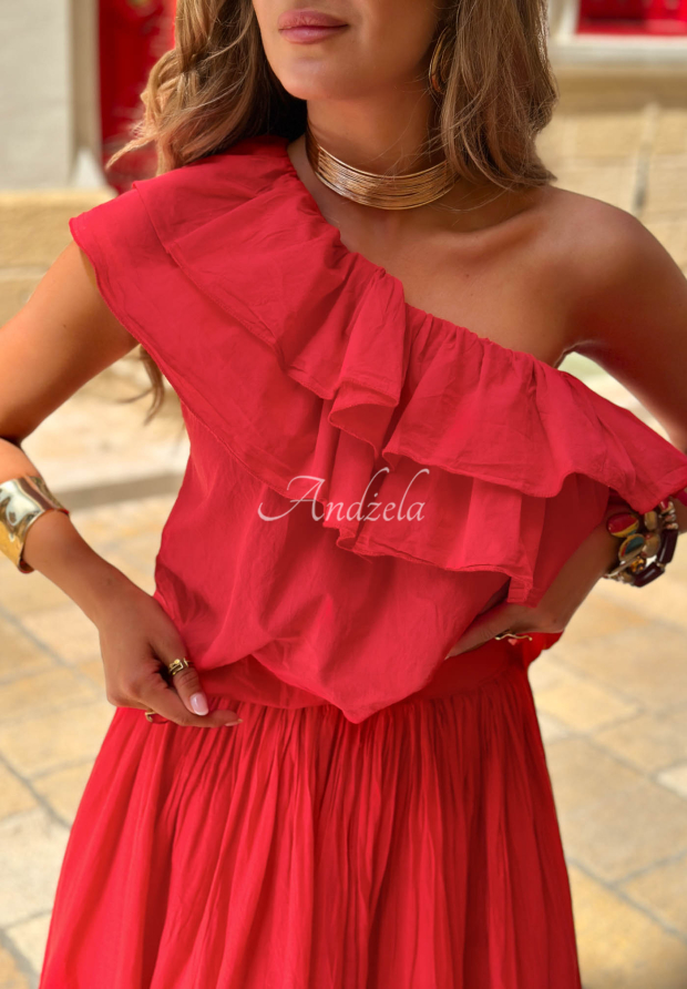 Asymmetrische Baumwollbluse mit R&uuml;schen Sun Delight Rot