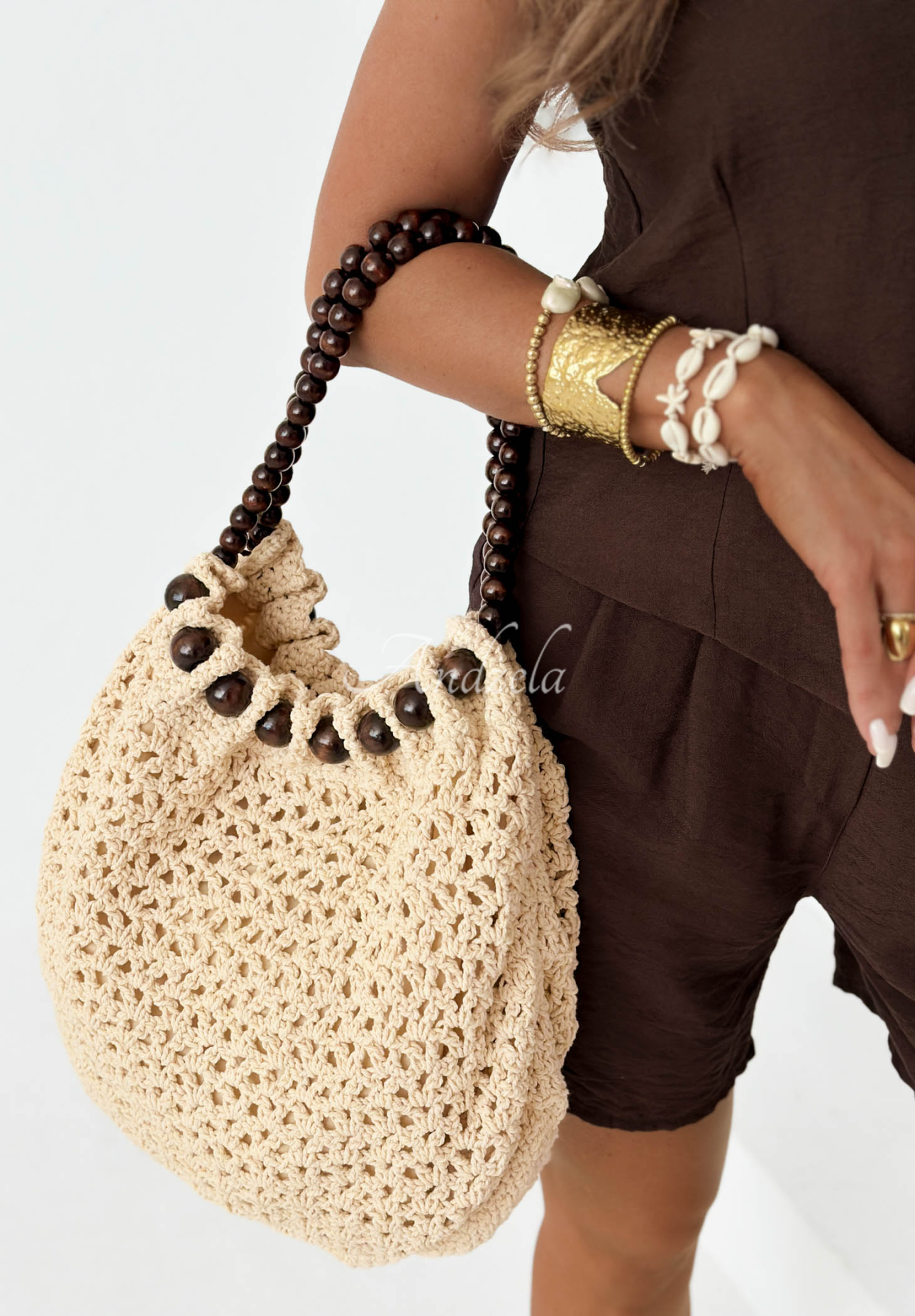 Geflochtene Tasche mit Perlen Beachy Belle Beige
