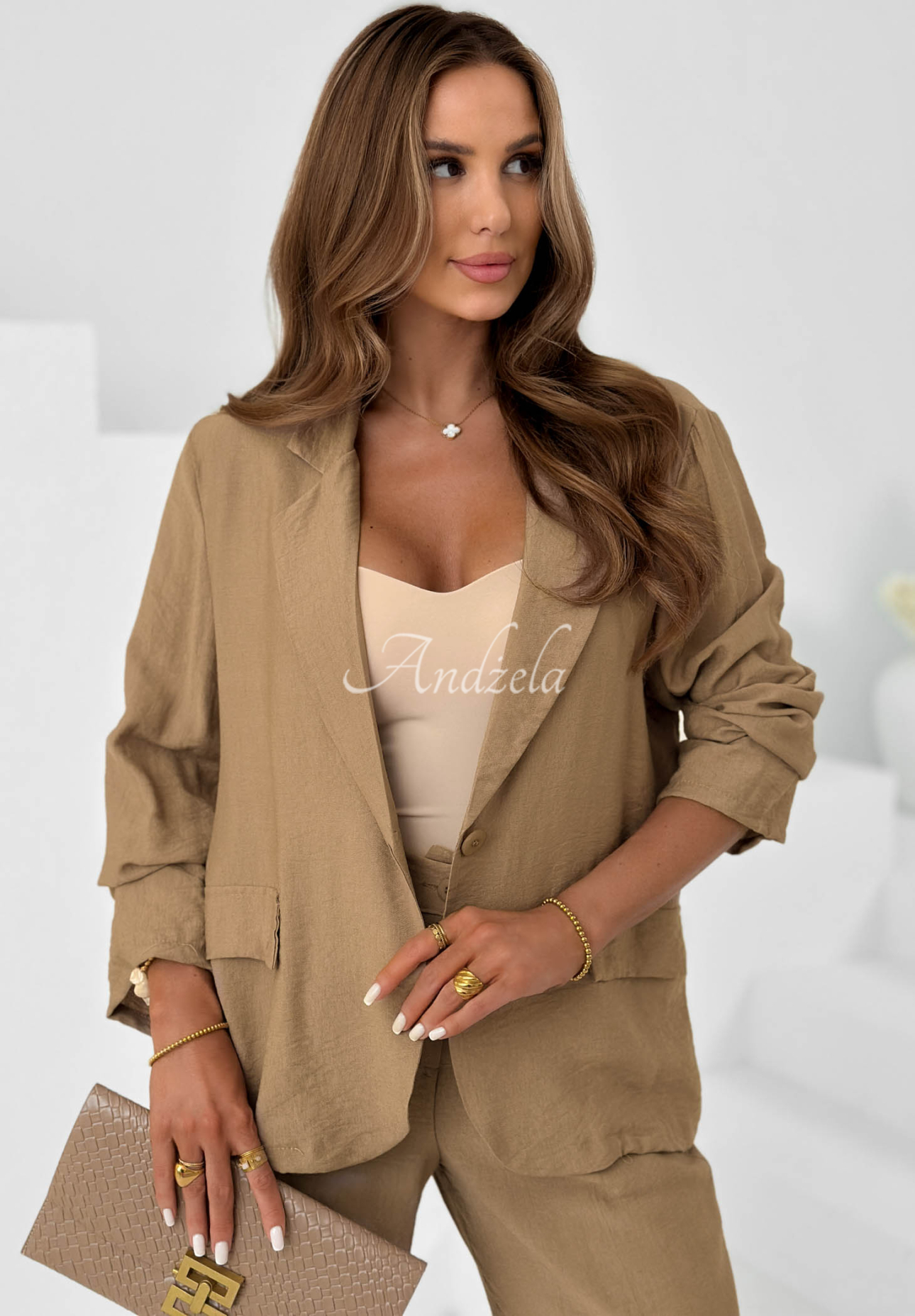 Viskose-Set aus Blazer und wide-leg Hose Ocean Estate Mokkafarben