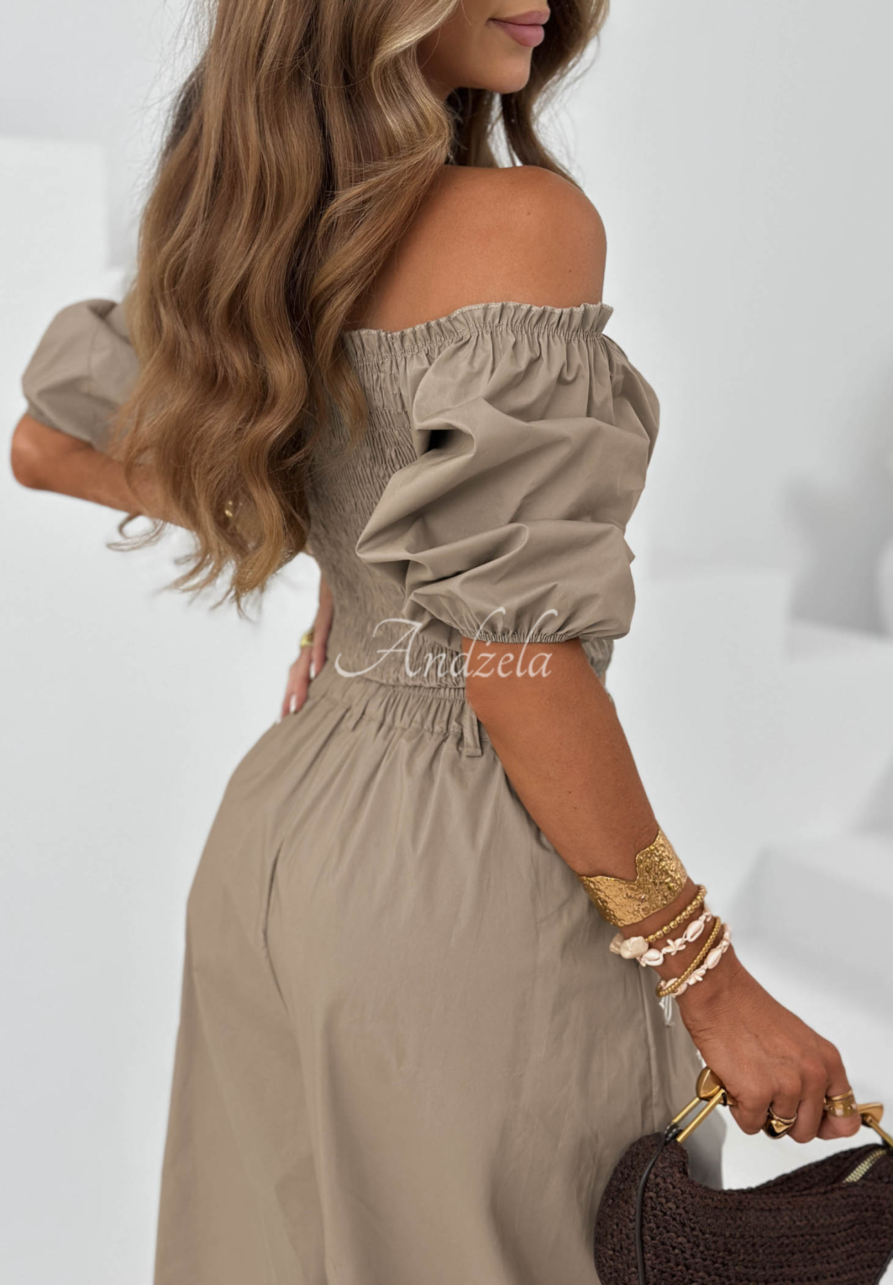 Offshoulder-Baumwollbluse mit Raffungen Solar Beauty Mokkafarben