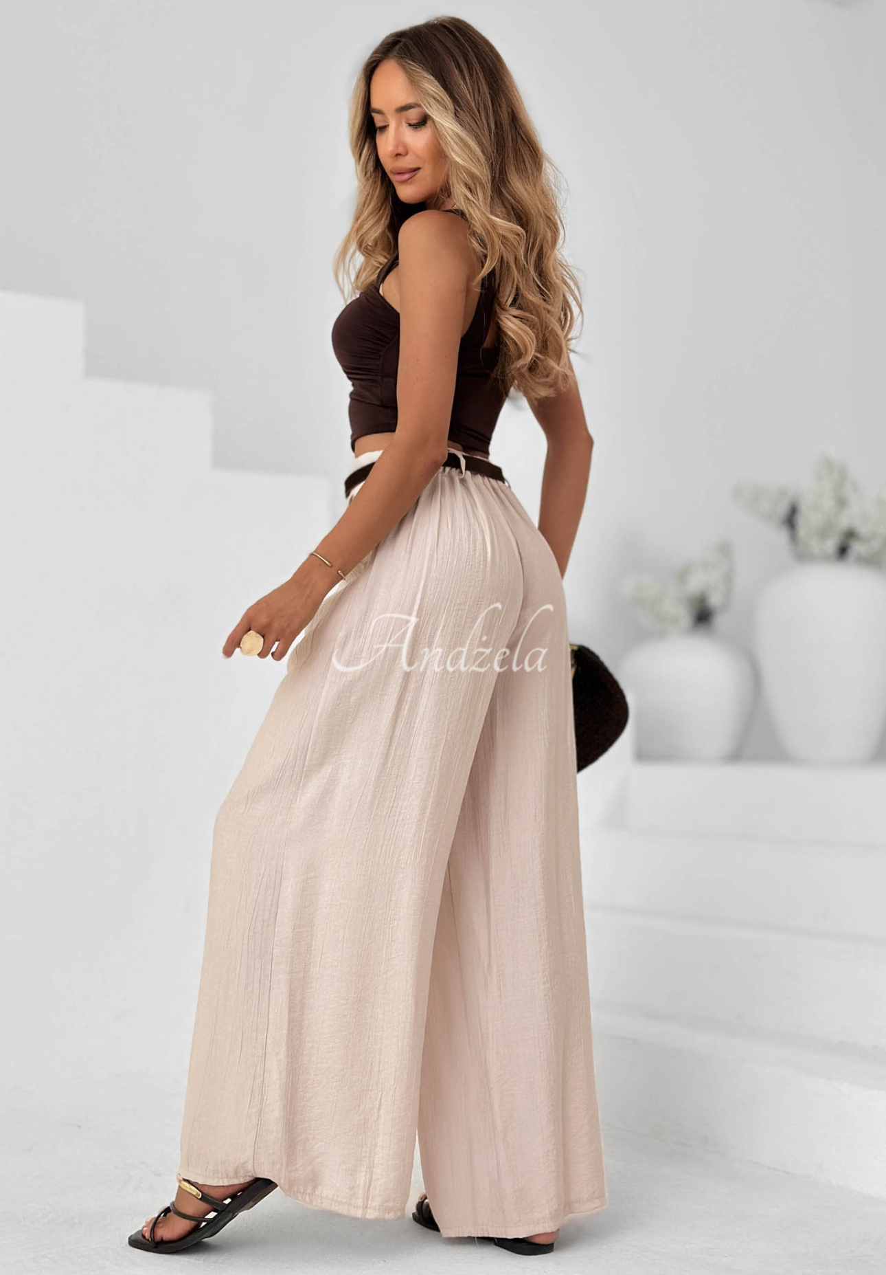 Weit geschnittene Hose aus Viskose Summer Trace Beige