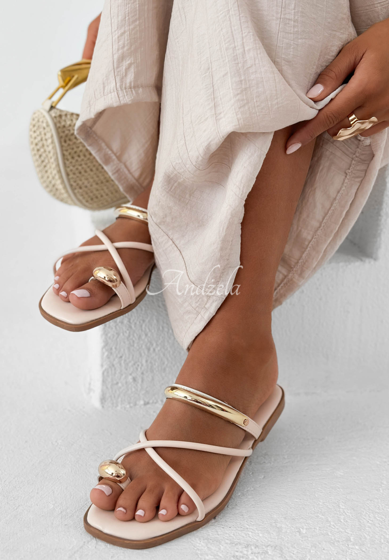 Leder-Flip-Flops mit goldenen Details Gold Seaside Weiß