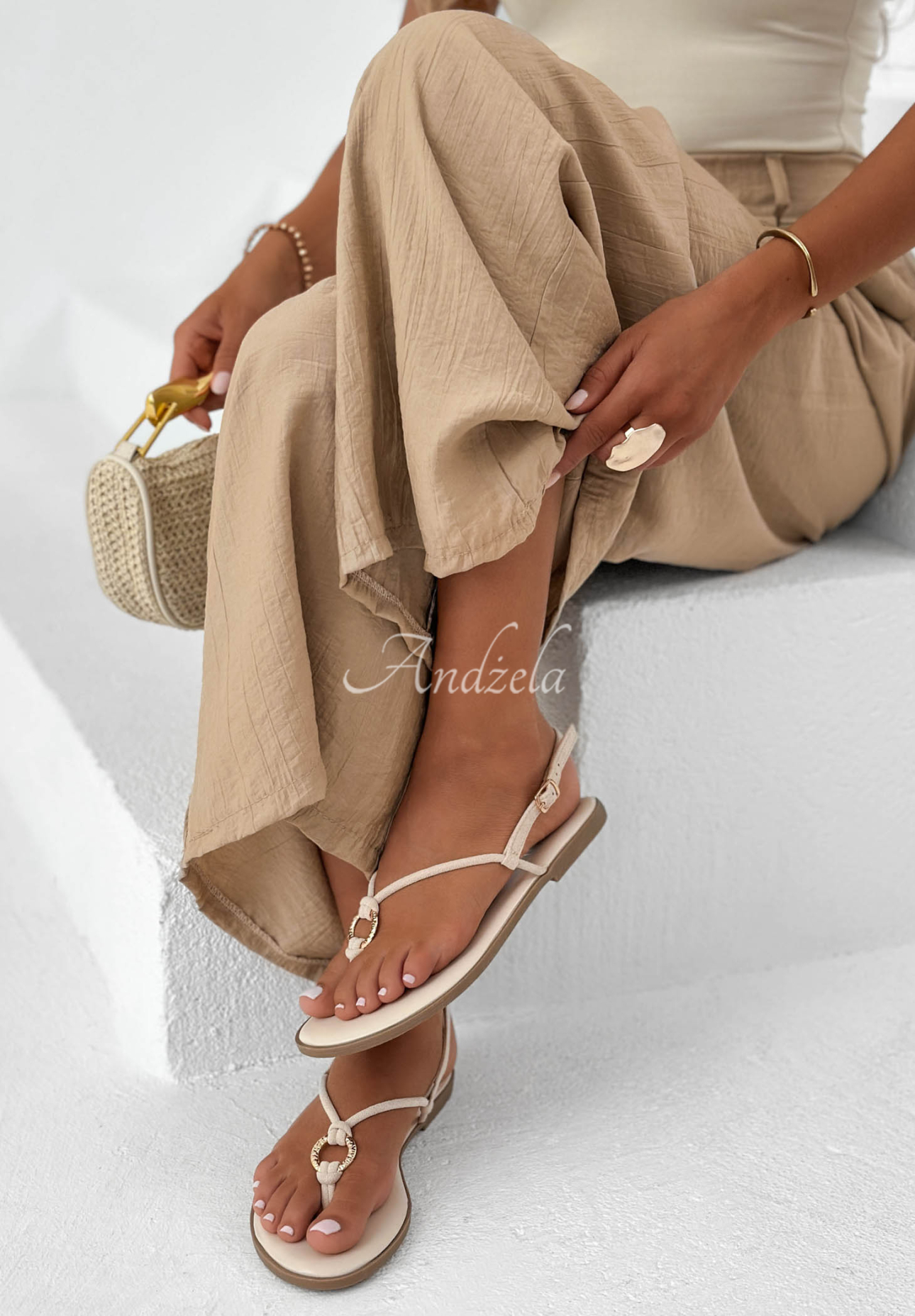 Leder-Flip-Flop-Sandalen Ocean Spark Beige
