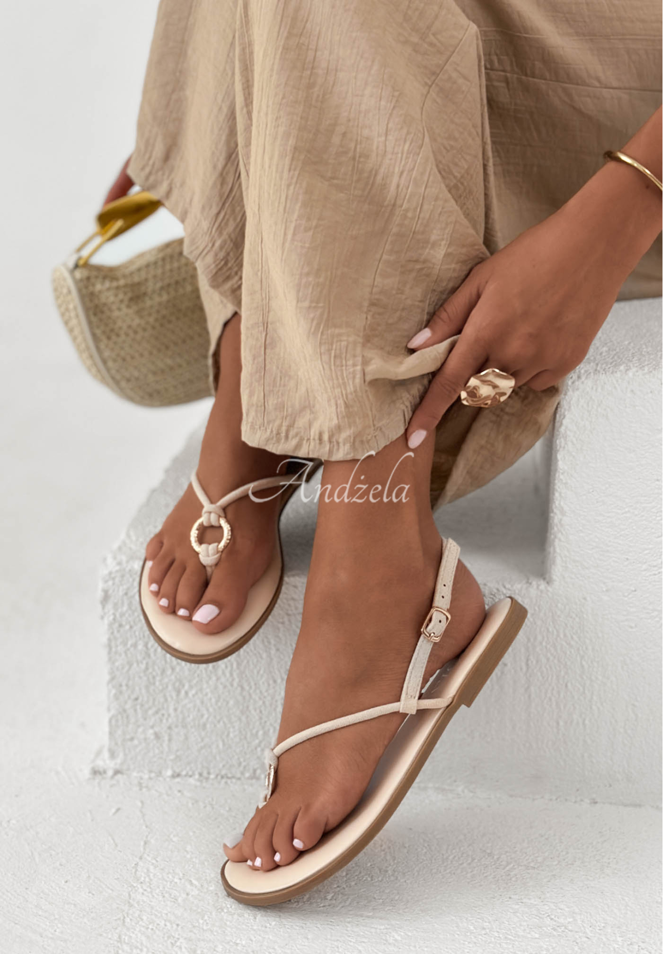 Leder-Flip-Flop-Sandalen Ocean Spark Beige