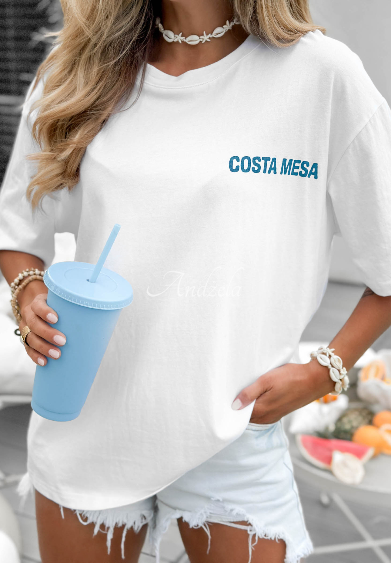 Baumwoll-T-Shirt mit Aufdruck Costa Mesa Weiß
